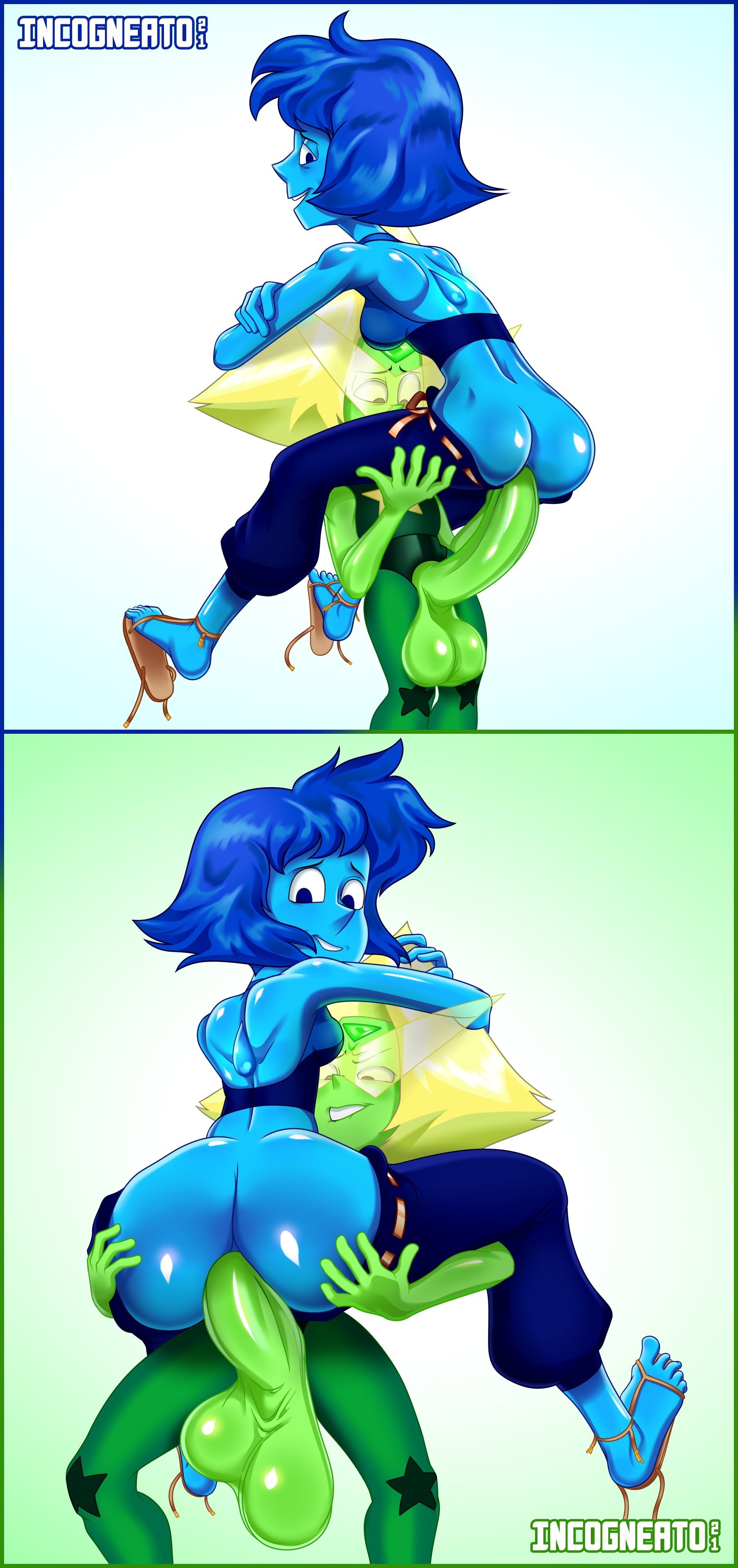 1futa, 1girls, 2koma, anal insertion, anal sex, back, back view, balls, big balls, big penis, blue hair, blue skin, bottomless, breasts, carrying, clothed, clothing, comic, duo, erection, female, futa on female, futanari, gem (species), green hair, green skin, huge balls, huge cock, humanoid, humanoid penis, incogneato, intersex, lapis lazuli (steven universe), larger female, lifting, looking back, partially clothed, penis, peridot (steven universe), size difference, small but hung, small dom big sub, smaller futa, stand and carry position, standing, steven universe