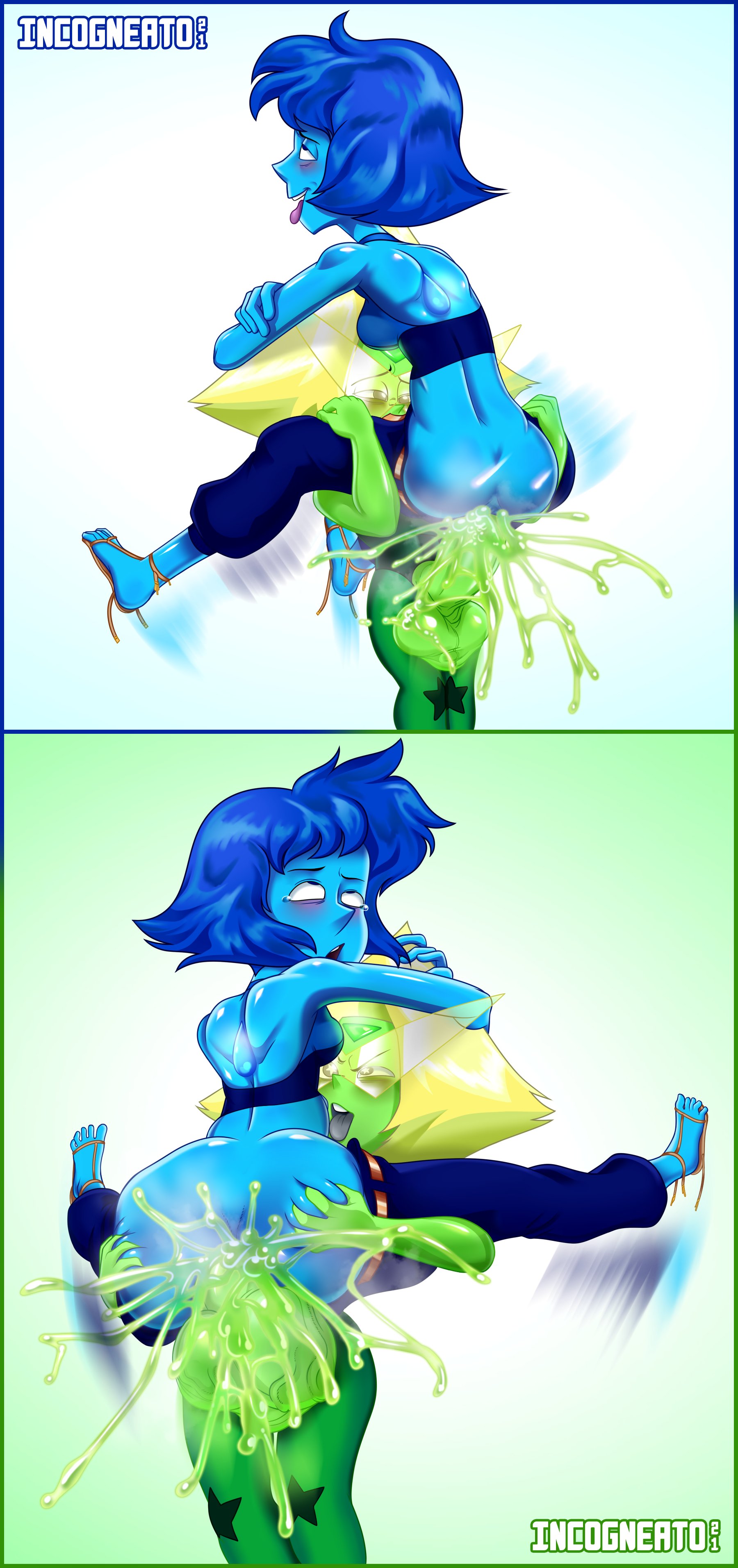 1futa, 1girls, 2koma, ahe gao, anal insertion, anal sex, ass, back, back view, balls, balls clench, big balls, big penis, blue hair, blue skin, bottomless, breasts, carrying, clothed, clothing, comic, cum, cum in ass, cum inside, cumshot, duo, erection, female, futa on female, futanari, gem (species), green cum, green hair, green skin, huge balls, huge cock, humanoid, humanoid penis, incogneato, intersex, lapis lazuli (steven universe), larger female, lifting, looking back, partially clothed, penis, peridot (steven universe), rolling eyes, size difference, small but hung, small dom big sub, smaller futa, stand and carry position, standing, steven universe, testicles, testicles clench, tongue, tongue out, veiny balls, veiny testicles
