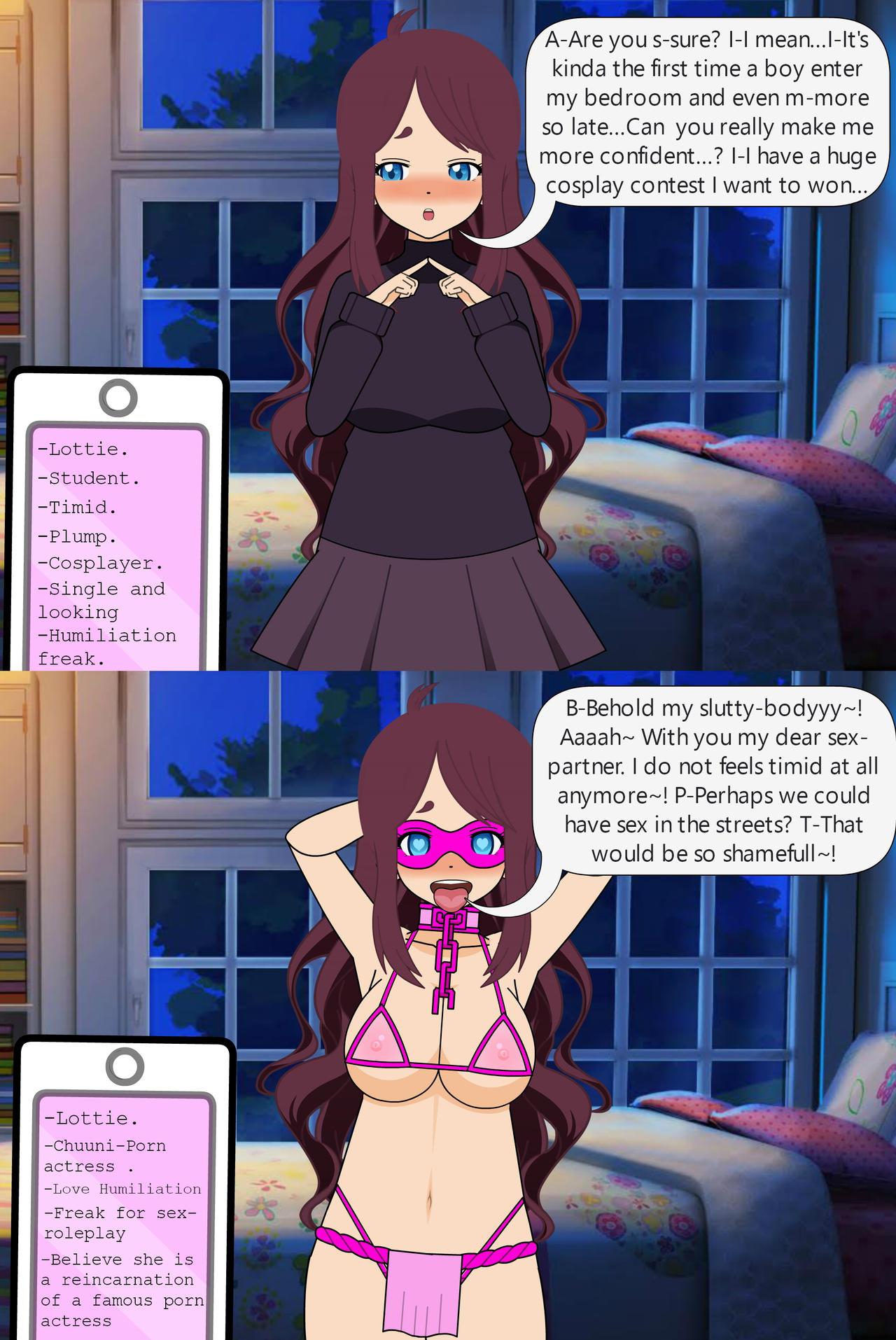ass, before and after, bikini, bimbo, bimbofication, brainwashing, breasts, eye mask, female, glasses, kisekae, large ass, large breasts, loincloth, mask, nerd, personality change, tfgame, transformation, transformation sequence