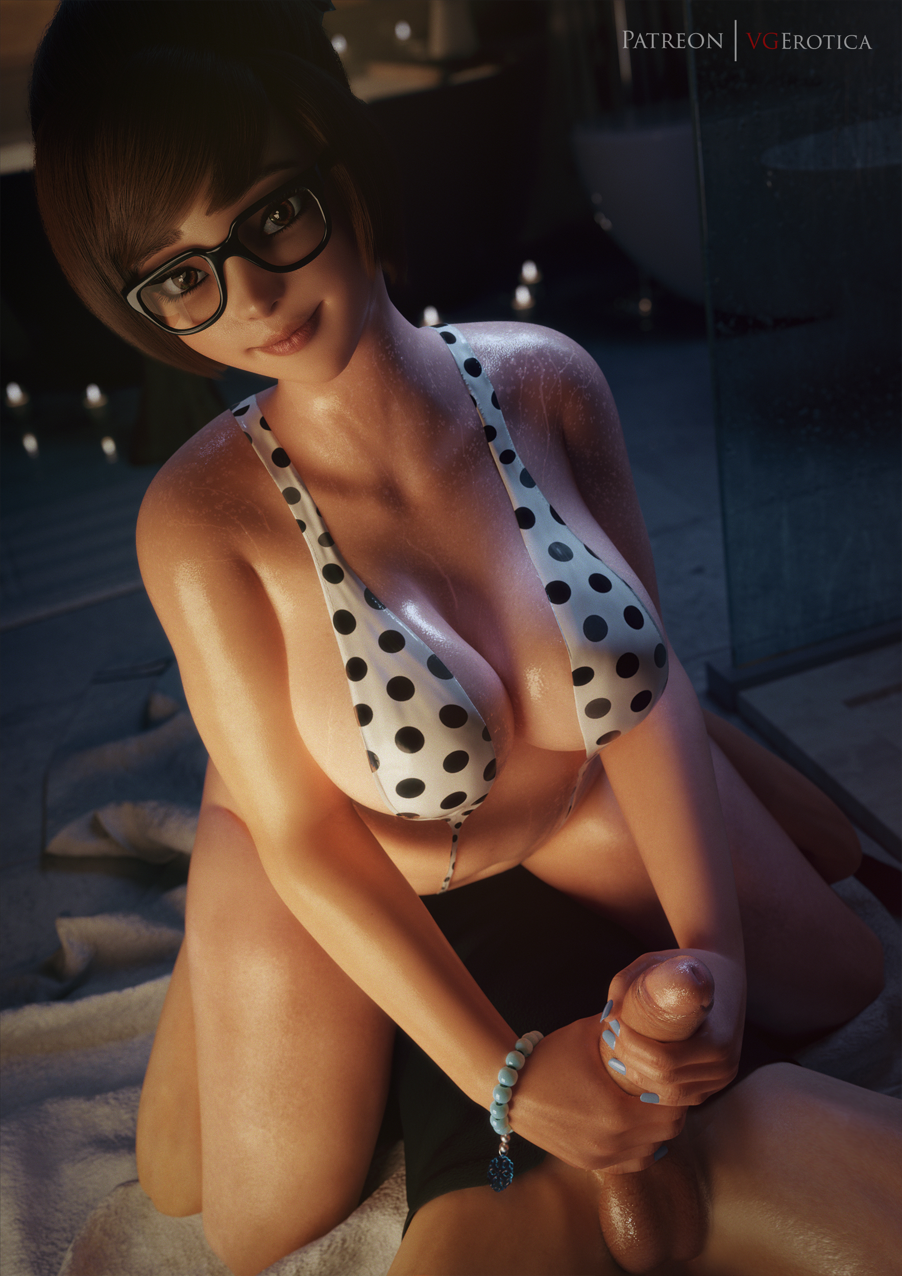 1boy, 1girls, 3d, big breasts, big penis, breasts, erection, eyewear, female, foreskin, glasses, handjob, large breasts, male, mei (overwatch), nail polish, overwatch, penis, sling bikini, straight, swimsuit, uncircumcised, uncut, vgerotica
