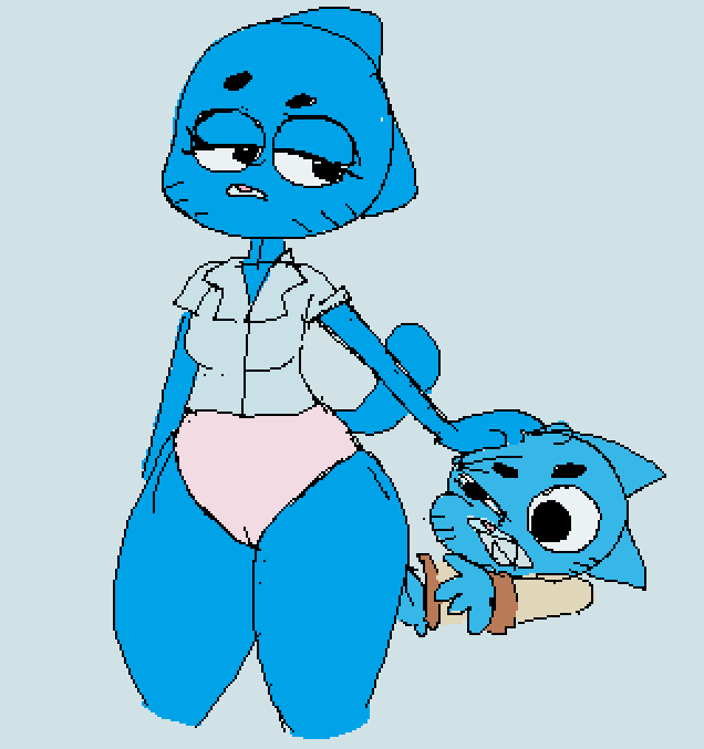 1boy, 1girls, 2021, annoyed, anthro, anthro on anthro, anthrofied, blue body, blue fur, blue skin, button down shirt, cameltoe, cartoon network, comedy, digital media (artwork), eyelashes, eyes half open, feline, feline humanoid, female, female focus, funny, furry, furry only, gumball watterson, half-closed eyes, half-dressed, hand on another's head, humor, long sleeves, male, male/female, milf, mother and child, mother and son, narrow shoulders, nicole watterson, no pants, panties, panties only, partially clothed, pear shaped, pussy, pussy peek, sleeveless, sleeveless shirt, standing, tagme, teeth clenched, teeth showing, the amazing world of gumball, thick thighs, thighs, thin arms, toedi, whisker markings, whiskers, wide hips