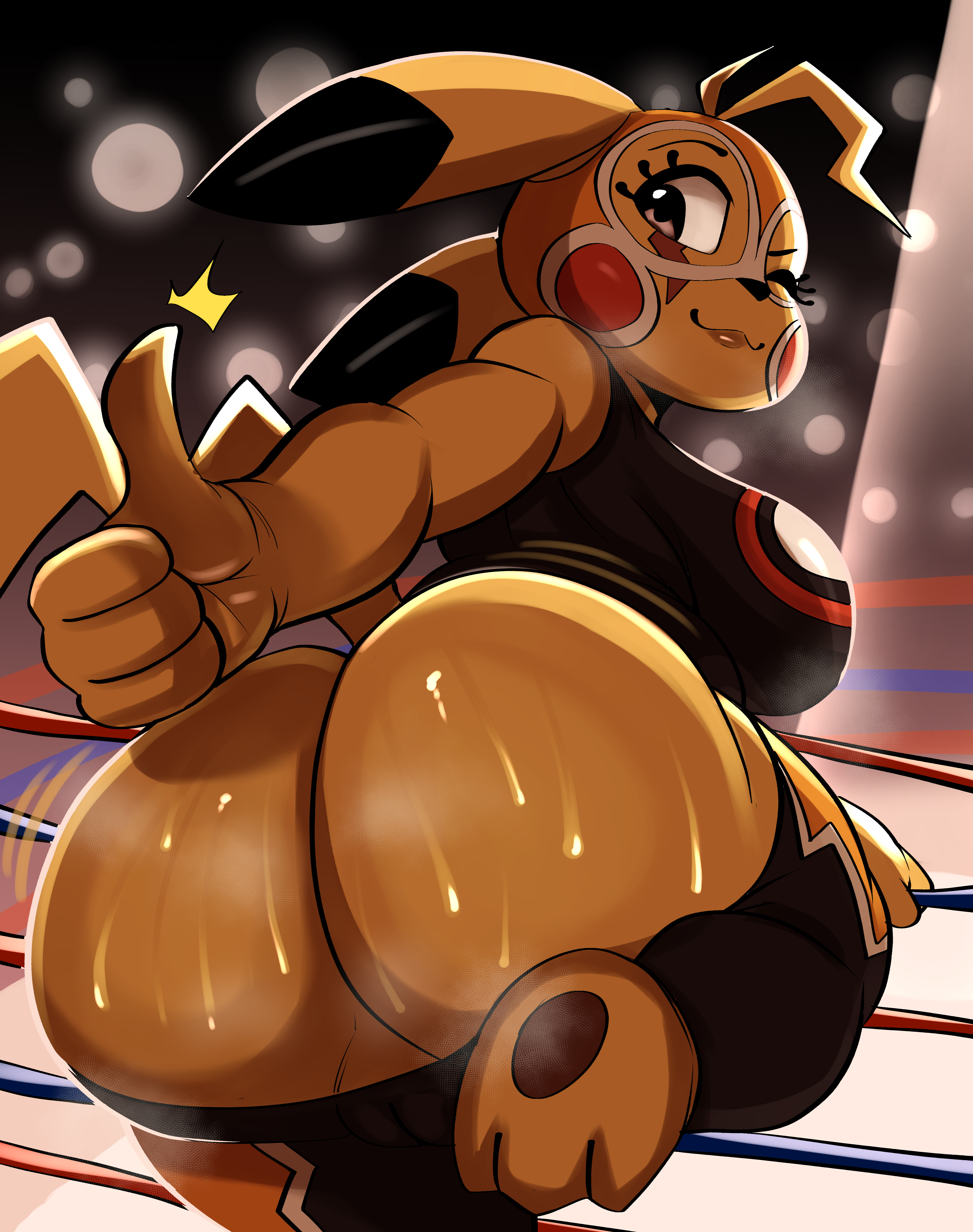 1girls, anthro, ass, big ass, big breasts, breasts, bubble ass, bubble butt, clothed, clothing, cosplay pikachu, fat ass, female, female only, huge ass, large ass, looking at viewer, looking back, mask, nathanatwar, pants, pants down, pikachu, pikachu libre, pokémon (species), pokemon, pokemon (species), solo, sweat, thick ass, thick thighs, thumbs up, whateverdoes, wide hips, wink, winking at viewer, wrestling ring
