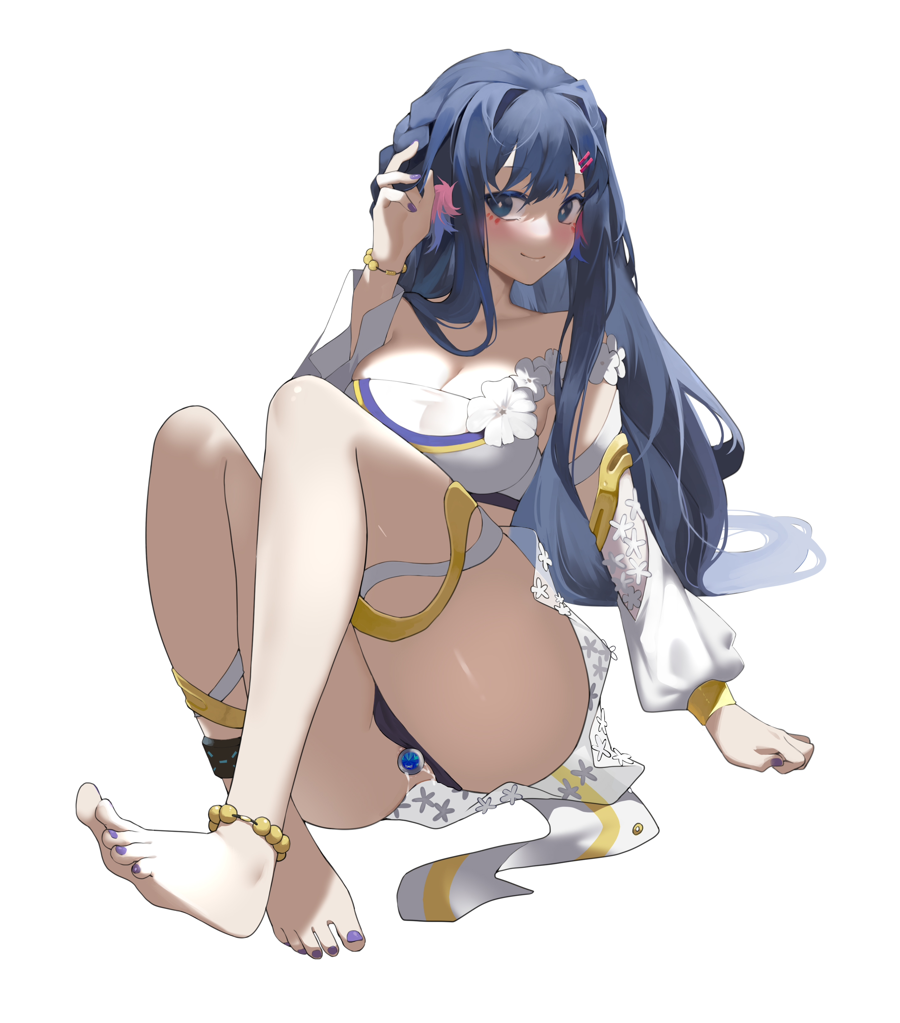 :), 1girls, anal, anal plug, arknights, astesia (arknights), big breasts, breasts, buttplug, castelli, female, happy, jewel buttplug, legs, looking at viewer, no.1 machine, panties aside, purple toenails, smile, swimsuit