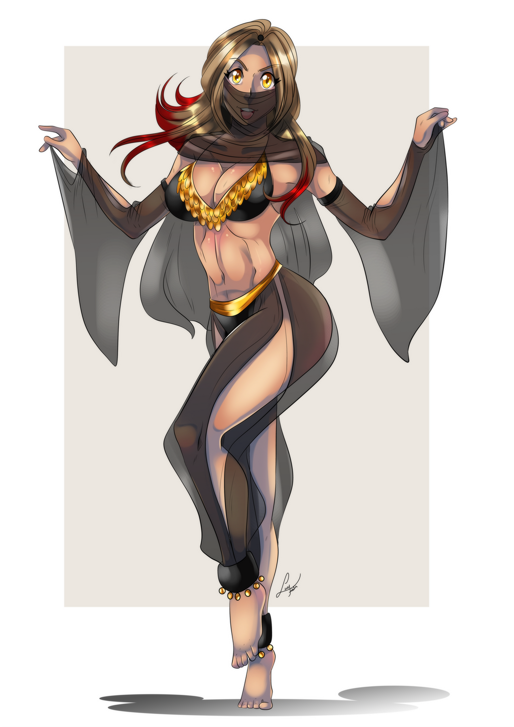 amber_eyes belly_dancer belly_dancer_outfit blonde_hair cleavage dancer dancer_outfit dancing dark_blonde_hair fit_female harem_girl harem_outfit harem_pants large_breasts long_hair looking_at_viewer lufidelis original original_character red_hair veil voluptuous