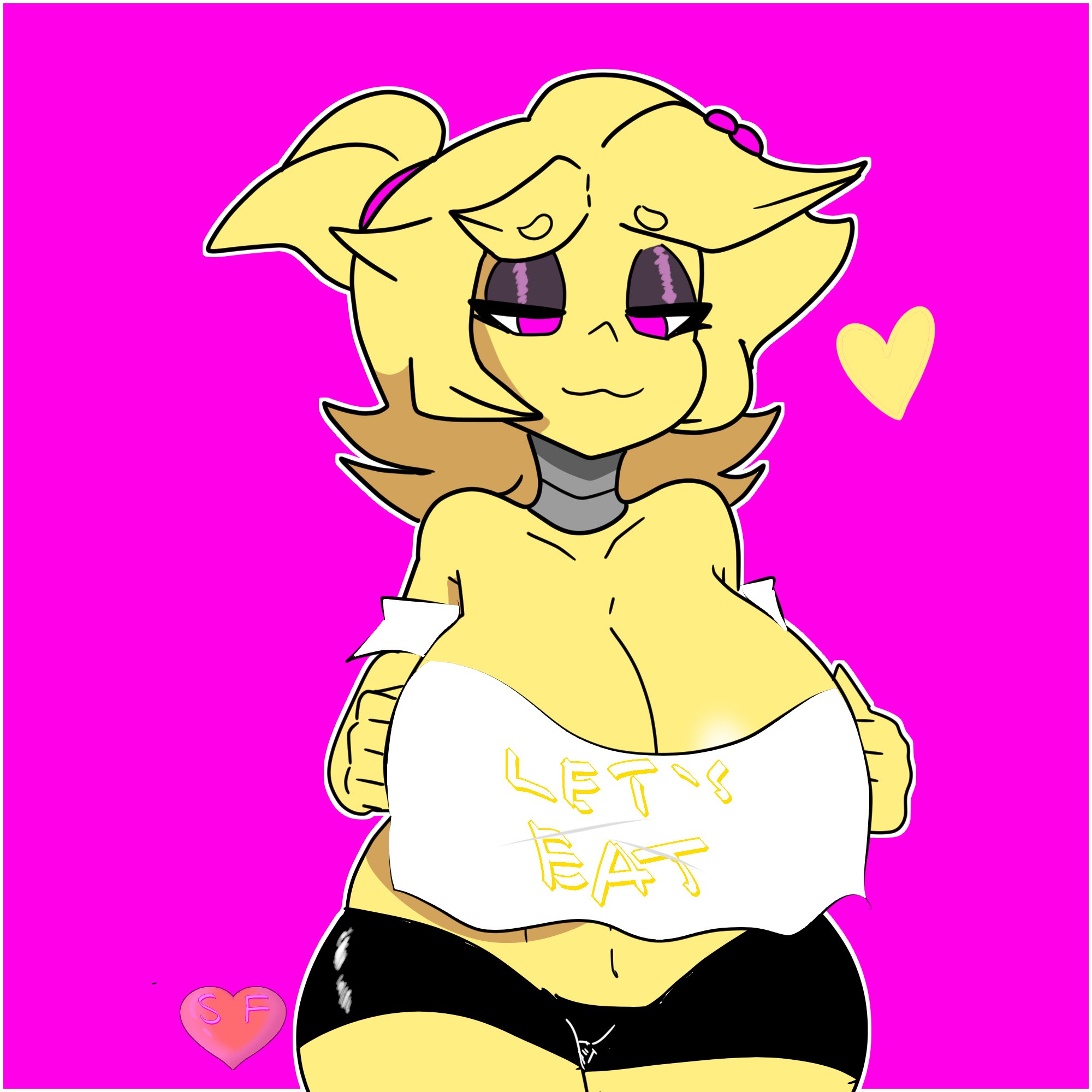 big breasts, breasts, cally3d, chica (cally3d), chica (fnaf), chiku, chiku (cryptia), classic chica (fnaf), clazzey, clothed, cryptiacurves, fazclaire's nightclub, female, five nights at freddy's, fnaf, fredina's nightclub, heart, pink eyes, scottgames, solo, sugarfreespice, tagme, yellow hair