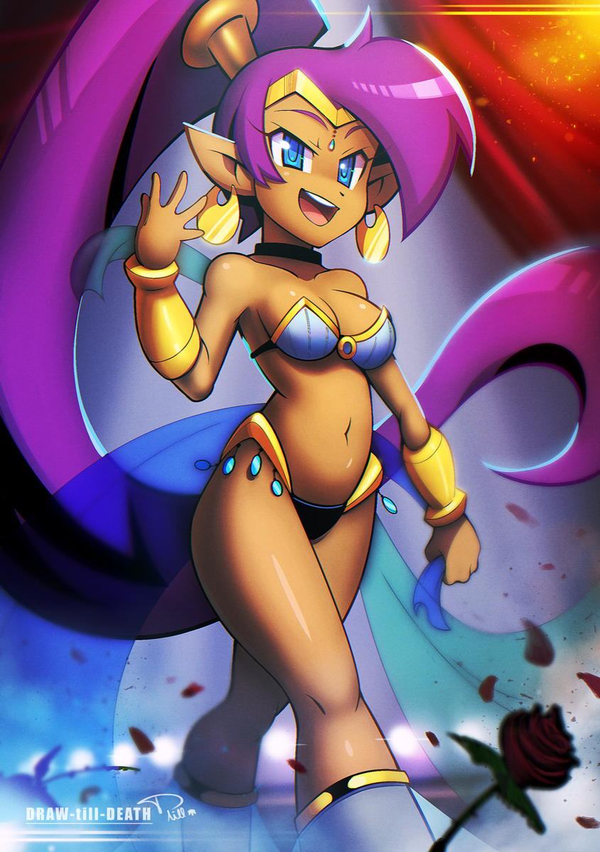 1girls, belly, belly dancer, belly dancer outfit, blue eyes, draw-till-death, female, female only, genie, harem girl, harem outfit, long hair, pointy ears, ponytail, purple hair, shantae, shantae (character), smooth skin, solo, tiara, veil