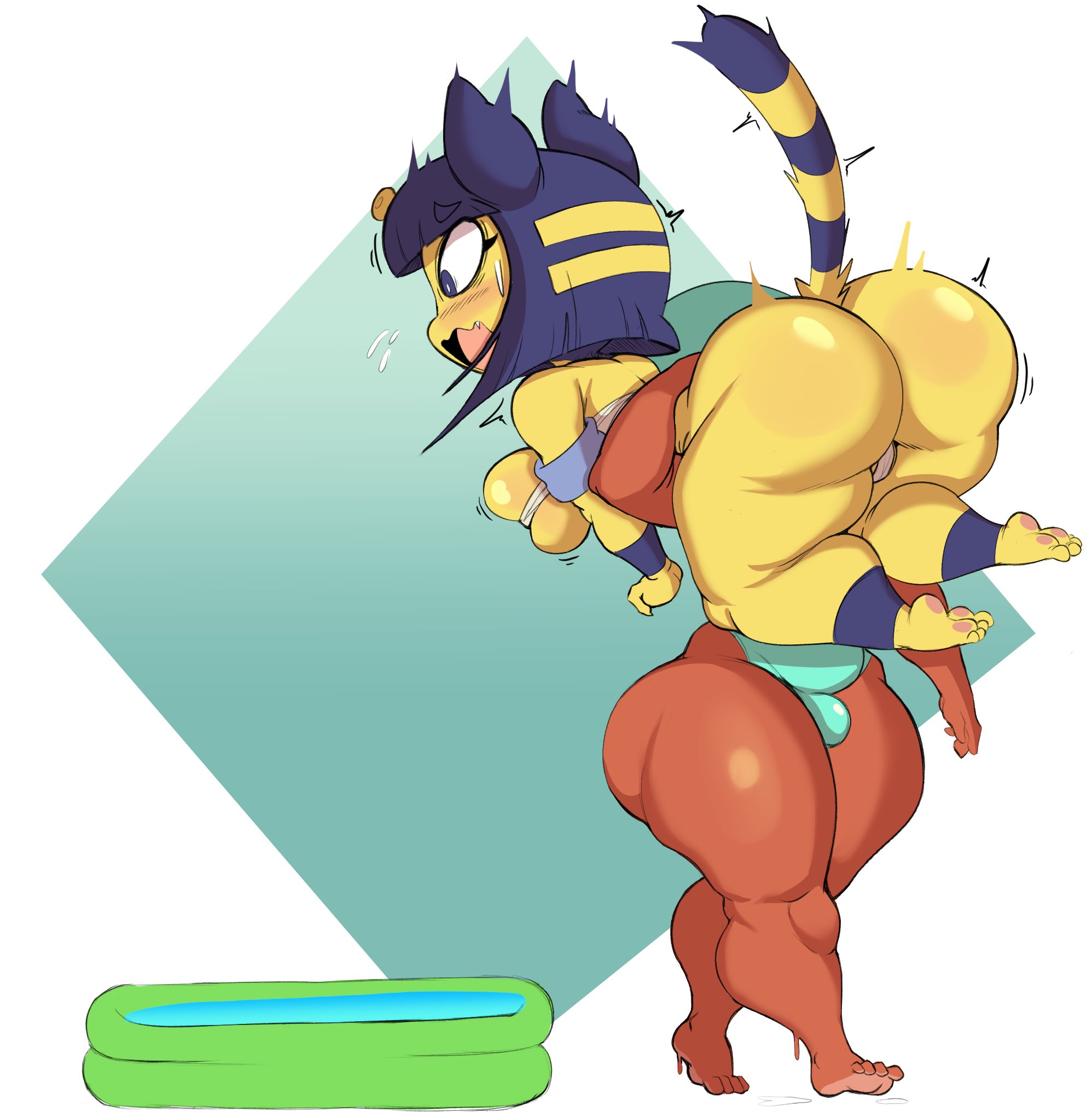 animal crossing, ankha, anthro, ass, ass focus, bandage, big breasts, black hair, blue eyes, blue hair, blush, breasts, brown body, brown skin, bulge, carrying, cleavage, clothed, clothing, cushion (purple yoshi draws), dark skin, dark-skinned male, domestic cat, dreadlocks, duo, felid, feline, felis, female, femboy, floatie, girly, hair, hi res, kiddie pool, male, mammal, nintendo, one-piece swimsuit, purple yoshi draws, shortstack, side boob, simple background, skindentation, swimwear, tail, thick thighs, video games, villager (animal crossing), white background, wide eyed, wide hips, yellow body