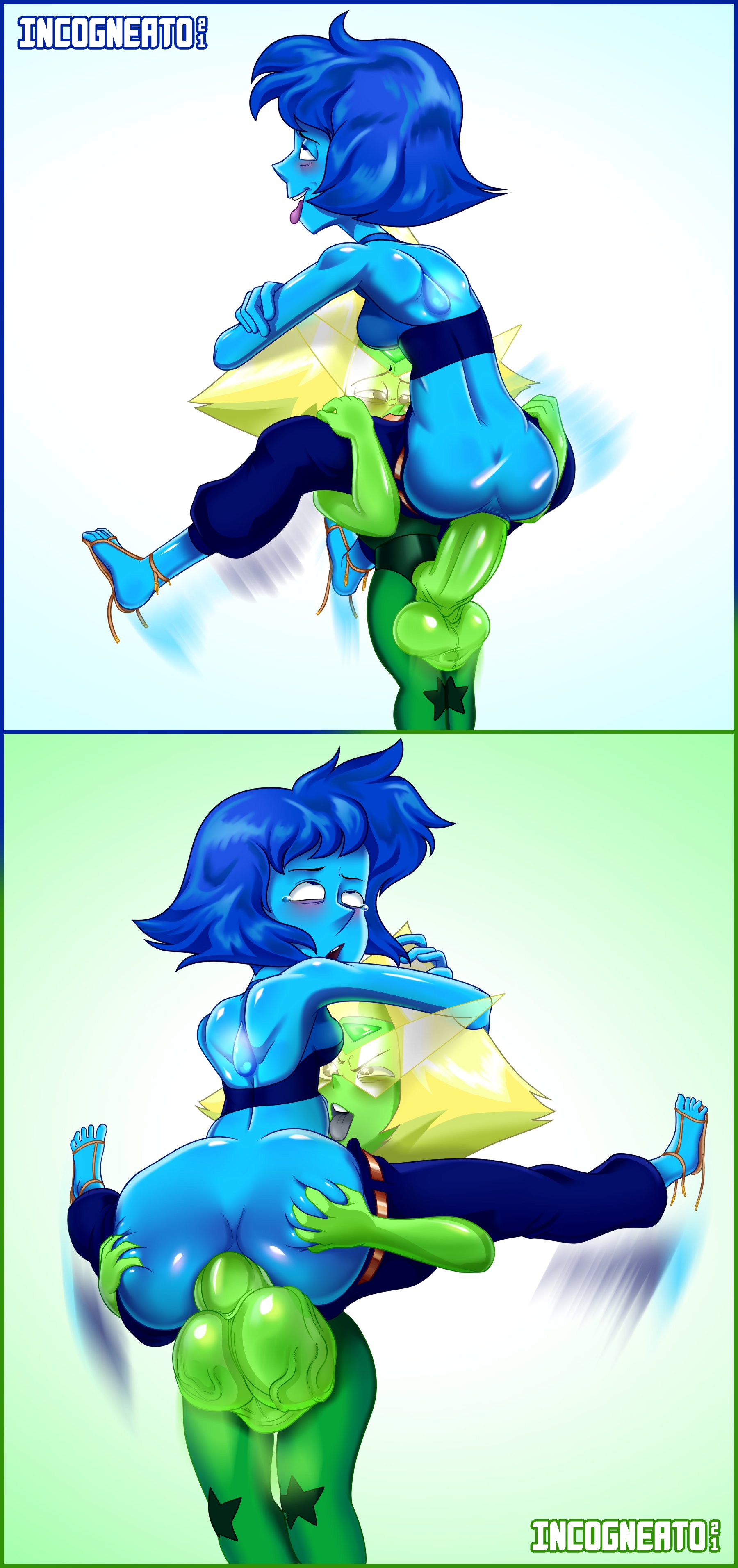 1futa, 1girls, 2koma, ahe gao, anal insertion, anal sex, back, back view, balls, balls clench, big balls, big penis, blue hair, blue skin, bottomless, breasts, carrying, clothed, clothing, comic, duo, erection, female, futa on female, futanari, gem (species), green hair, green skin, huge balls, huge cock, humanoid, humanoid penis, incogneato, intersex, lapis lazuli (steven universe), larger female, lifting, looking back, orgasm, partially clothed, penis, peridot (steven universe), rolling eyes, size difference, small but hung, small dom big sub, smaller futa, stand and carry position, standing, steven universe, testicles, testicles clench, tongue, tongue out, veiny balls, veiny testicles