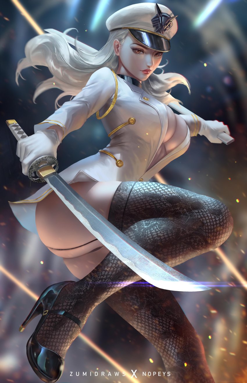 1girls 67_(zumidraws) action action_pose ass black_choker black_legwear cleavage curvy curvy_female curvy_hips female gloves gold_jewelry heels high_heels holding holding_katana holding_weapon katana knees_up large_breasts legwear looking_at_viewer military military_hat military_jacket military_uniform no_bra nopeys open_clothes orange_eyes original panties panties_peek panty_peek platinum_blonde_hair red_lips uniform weapon white_gloves white_skin zumi zumi_(original_character) zumi_(zumidraws)