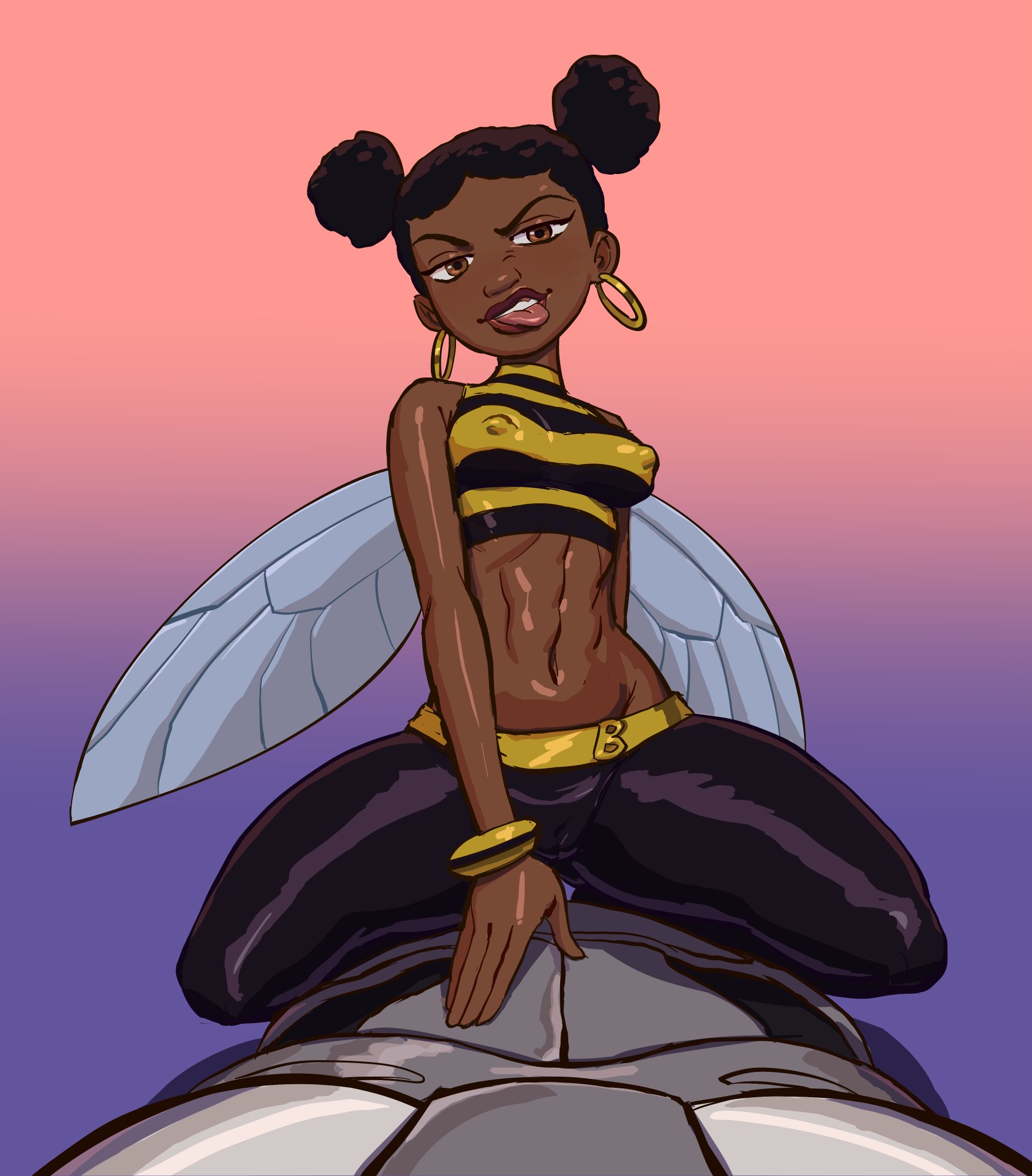 1boy, 1girls, abs, afro puffs, black on black, breasts, bumblebee (dc), cyborg (dc), dark skin, dark-skinned female, dark-skinned male, dc, dc comics, erect nipples, female, karen beecher, looking at viewer, male, male pov, melanin, nipples, partially clothed, pears (artist), point of view, pov, teen titans, tongue, tongue out