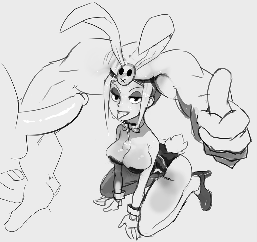 big penis, breasts, bunny ears, bunnysuit, cerebella, cum drip, cum in mouth, cum on breasts, female, huge cock, male, monochrome, penis, polyle, sketch, skullgirls, sweat, sweatdrop, thumbs up, tongue, tongue out, vice-versa
