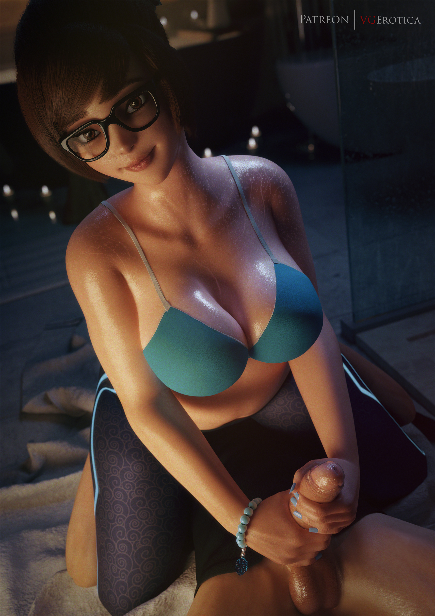 1boy, 1girls, 3d, big breasts, big penis, breasts, erection, eyewear, female, foreskin, glasses, handjob, large breasts, male, mei (overwatch), nail polish, overwatch, penis, straight, uncircumcised, uncut, vgerotica