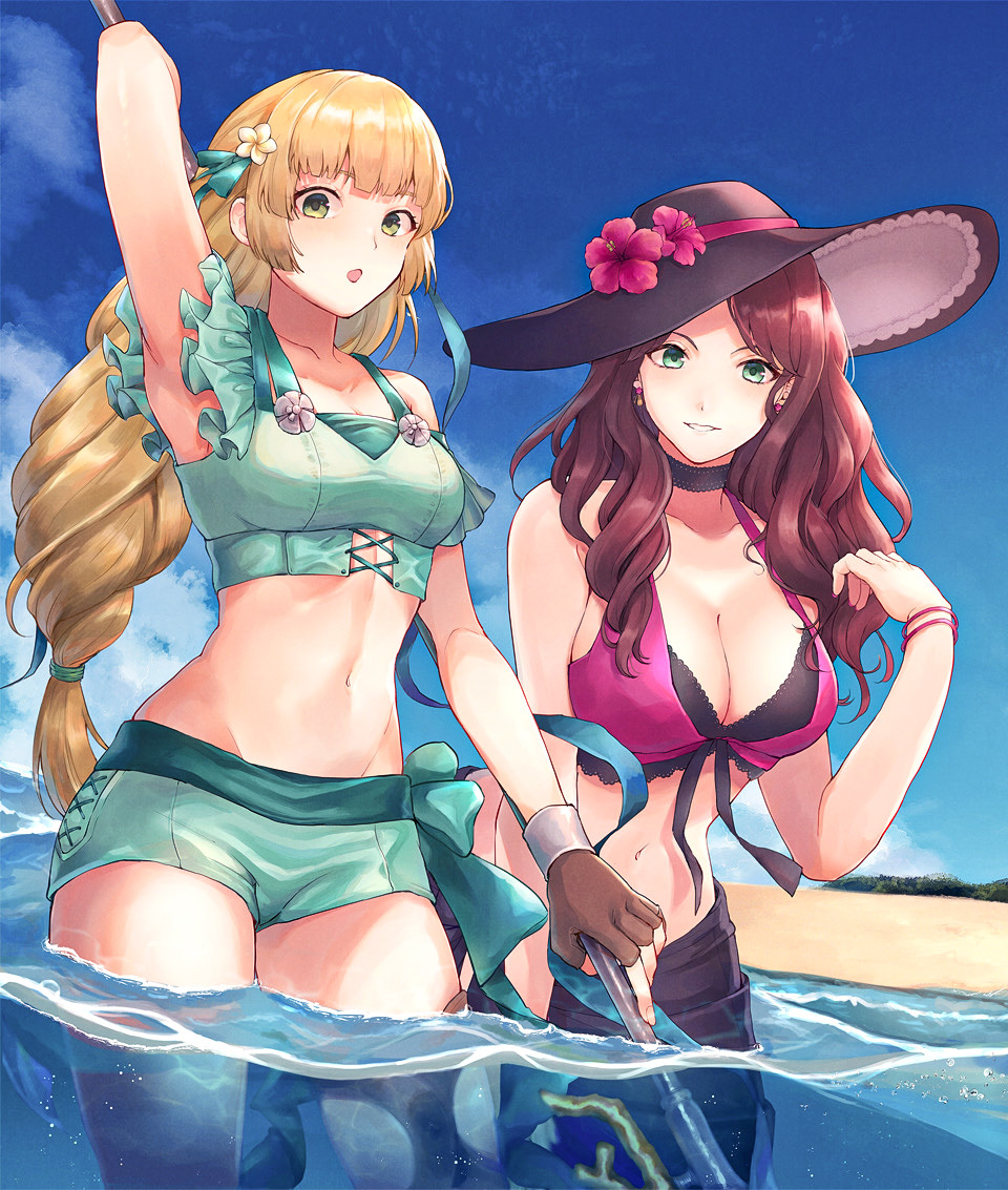 2girls, alternate costume, arm up, armpit, beach, belly, big breasts, bikini, blonde hair, blush, blushing, breast size difference, breasts, brown hair, cleavage, curvaceous, curvy, curvy female, curvy figure, dorothea arnault, dorothea arnault (summer), female, female only, fire emblem, fire emblem heroes, fire emblem: three houses, fit, fit female, flower, flower in hair, front-tie bikini, front-tie top, green eyes, hat, hourglass figure, human, human only, ingrid brandl galatea, ingrid brandl galatea (summer), large breasts, leaning, leaning forward, light skin, light-skinned female, long hair, looking at viewer, medium breasts, midriff, multiple females, multiple girls, namerow chang, navel, nintendo, ocean, official alternate costume, partially submerged, sea, smile, smiling, smiling at viewer, soft, soft breasts, stomach, surprised, surprised expression, swimsuit, thick, thick thighs, thighs, toned, toned female, water, wholesome