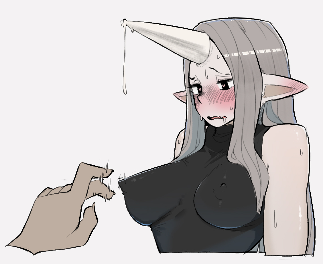 1futa, blush, breasts, disembodied hand, futanari, grey hair, grey skin, hard nipples, horn, intersex, long hair, nipples, ohasi, oni, oni (ohasi), original character, playing with nipple, pointy ears, precum, precum drip, sweat, tagme