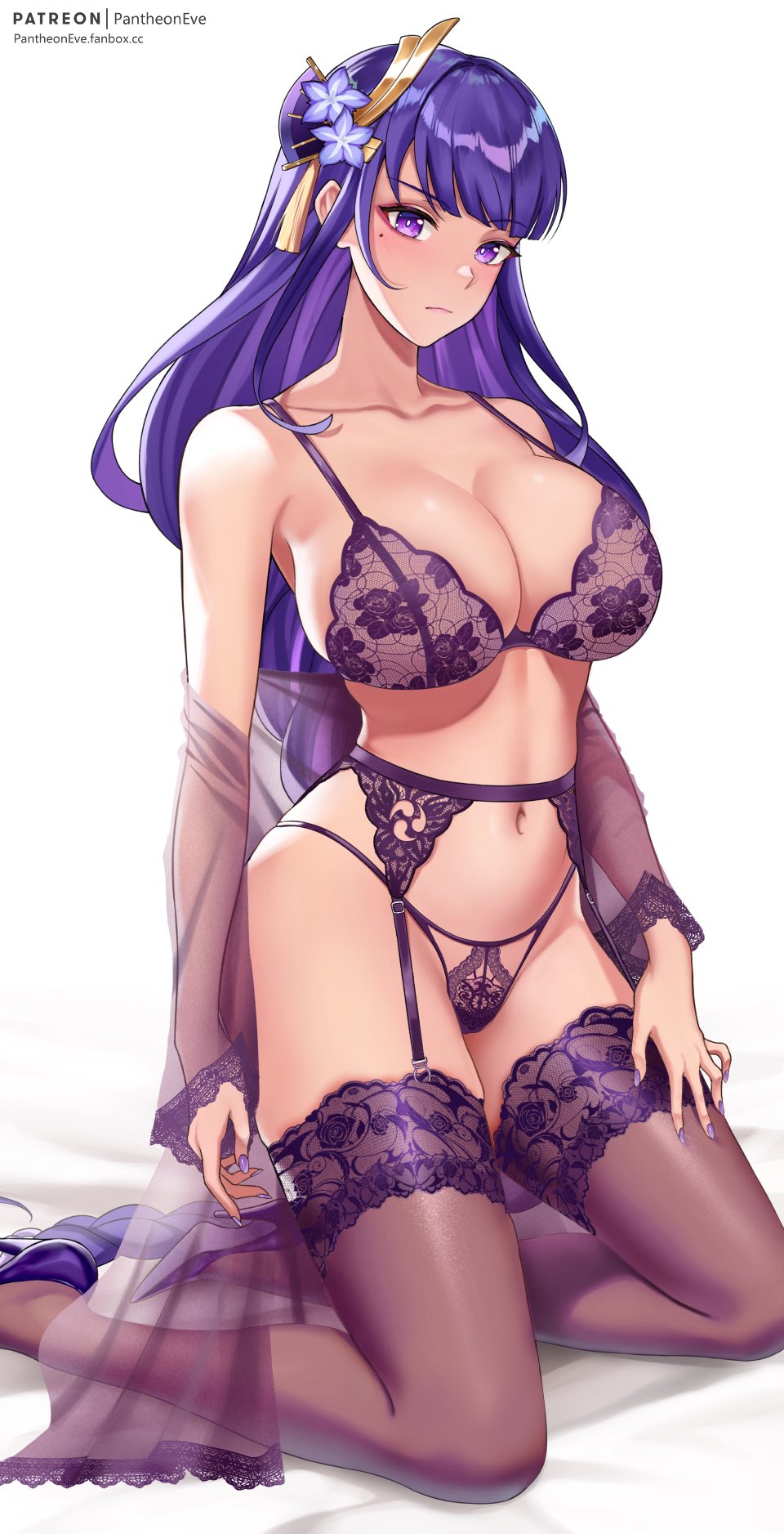 1girls blush bra breasts busty cleavage curvy female female_only garter_belt garter_straps genshin_impact hi_res high_heels kneeling large_breasts light-skinned_female light_skin lingerie mole mole_under_eye nail_polish pantheon_eve panties purple_eyes purple_hair raiden_shogun solo thighhighs underwear voluptuous