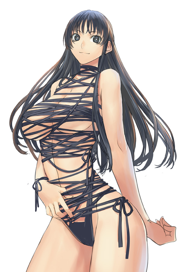 ass bangs bare_arms bare_breasts bare_legs bare_midriff bare_shoulders bare_thighs black_eyes black_hair black_panties breasts cleavage female female_focus female_only large_breasts long_hair looking_at_viewer navel navel_line rannou smile sole_female solo solo_female solo_focus straps straps_only tied_up underboob