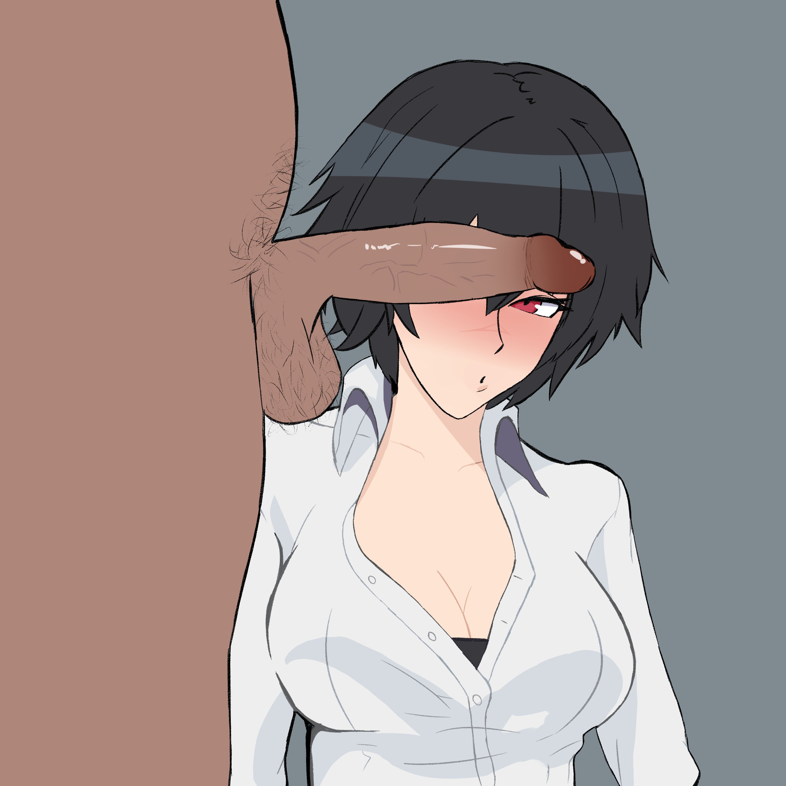 1boy, 1girls, blush, capcom, clothed female nude male, devil may cry, devil may cry (series), devil may cry 3, female, lady (devil may cry), male, penis, penis on face, red eyes, saku art, short black hair, short hair, these aren't my glasses