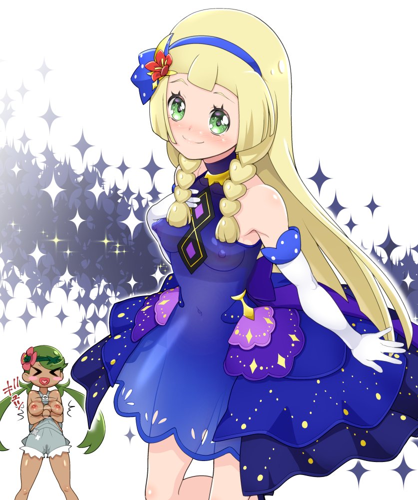 > <, 2girls, alternate breast size, alternate costume, anniversary lillie (pokemon masters), areolae, blonde hair, breasts, breasts out, choker, dress, eye contact, female, female only, fully clothed, gloves, green eyes, green hair, hairband, ineffective clothing, kousaka jun, lillie (pokemon), long hair, looking at viewer, mallow (pokemon), multiple females, multiple girls, nintendo, nipples, no bra, official alternate costume, pokemon, pokemon masters, pokemon sm, see-through, see-through clothing, standing, thighs, transparent clothing, twintails, white background