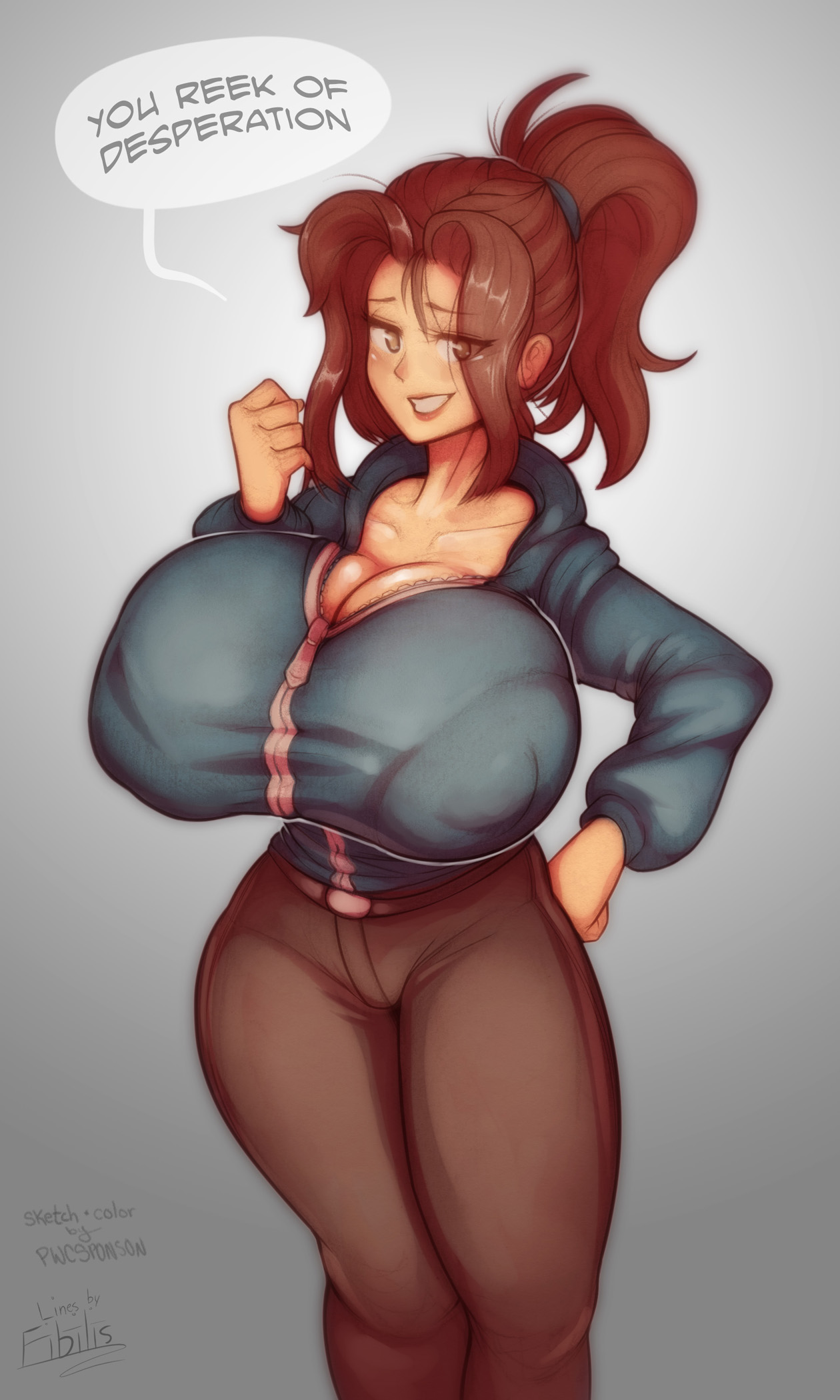 1girls, breasts, cleavage, collaboration, female, female only, fibilis, fully clothed, huge breasts, nipple bulge, pwcsponson, solo, speech bubble, text