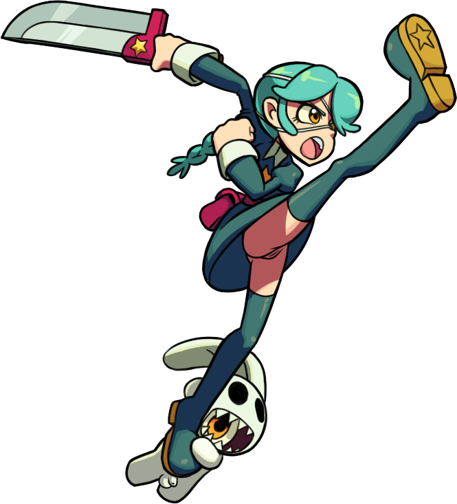 annie_(skullgirls) edit jomokin kick kicking official_art pussy sagan_(skullgirls) skullgirls small_breasts thighhighs transparent_background