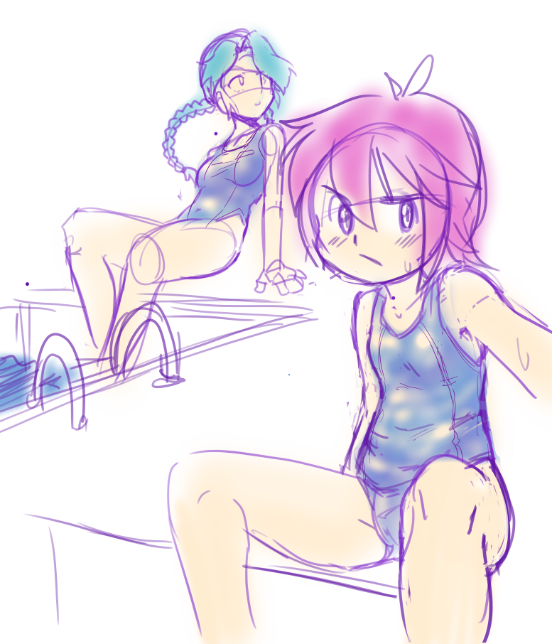 2girls annie_(skullgirls) bichosan one-piece_swimsuit pool sketch skullgirls small_breasts umbrella_(skullgirls)