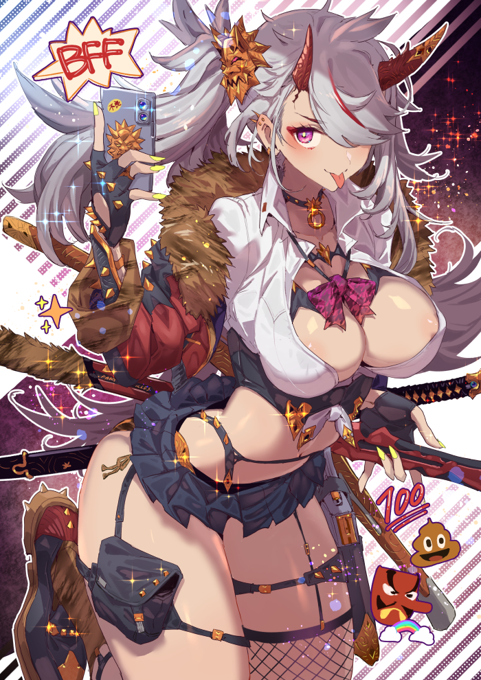 1girls, areolae, ass, bare midriff, bare thighs, barely clothed, barely contained, barely visible nipples, belly button, bottomwear, breasts, cleavage, dark skin, dark-skinned female, devil horns, ear piercing, earrings, emoji, eyeshadow, female, female focus, female only, fingerless gloves, fingernails, fishnets, garter, garter belt, garter straps, gloves, gyaru, hair ornament, horns, large breasts, lingerie, long fingernails, long ponytail, long sleeves, looking at viewer, loose clothes, meme, navel, navel line, nipple bulge, nipples, nipples visible through clothing, one eye covered, oni, oni horns, open clothes, open shirt, particles (artist), phone, ponytail, ribbon, school uniform, schoolgirl, shoes, short skirt, sleeves, sole female, solo, solo female, solo focus, spikes, sticker, sword, tagme, tail, tongue, tongue out, topwear, very short skirt, weapon, white hair