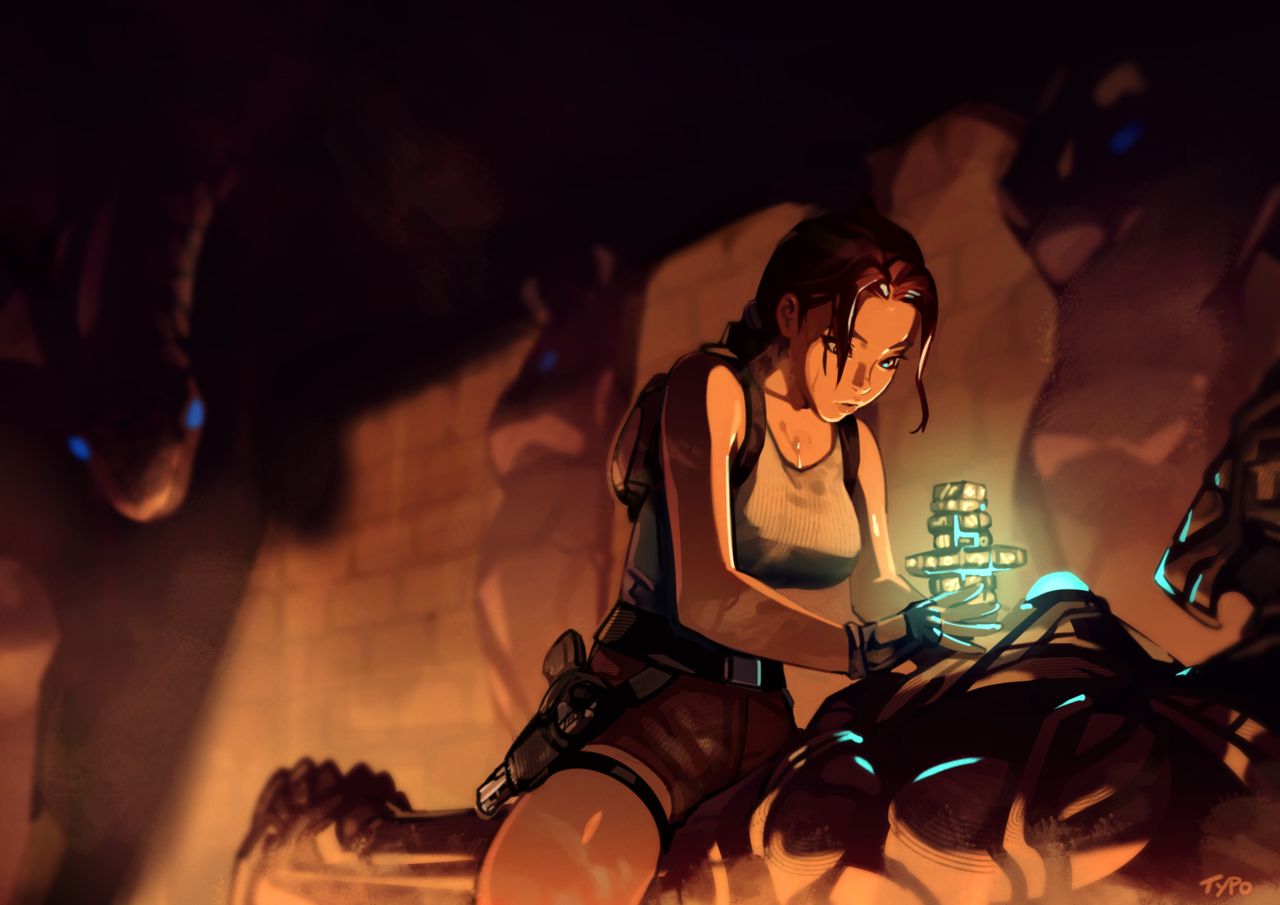 1boy, 1girls, abs, accessory, areolae, backpack, bag, before sex, belt, breasts, clothing, female, firearm, footwear, gun, handgun, handwear, human, jewelry, lara croft, lara croft (classic), legwear, male, optionaltypo, pale skin, sweat, tomb raider, tomb raider (classic), weapon