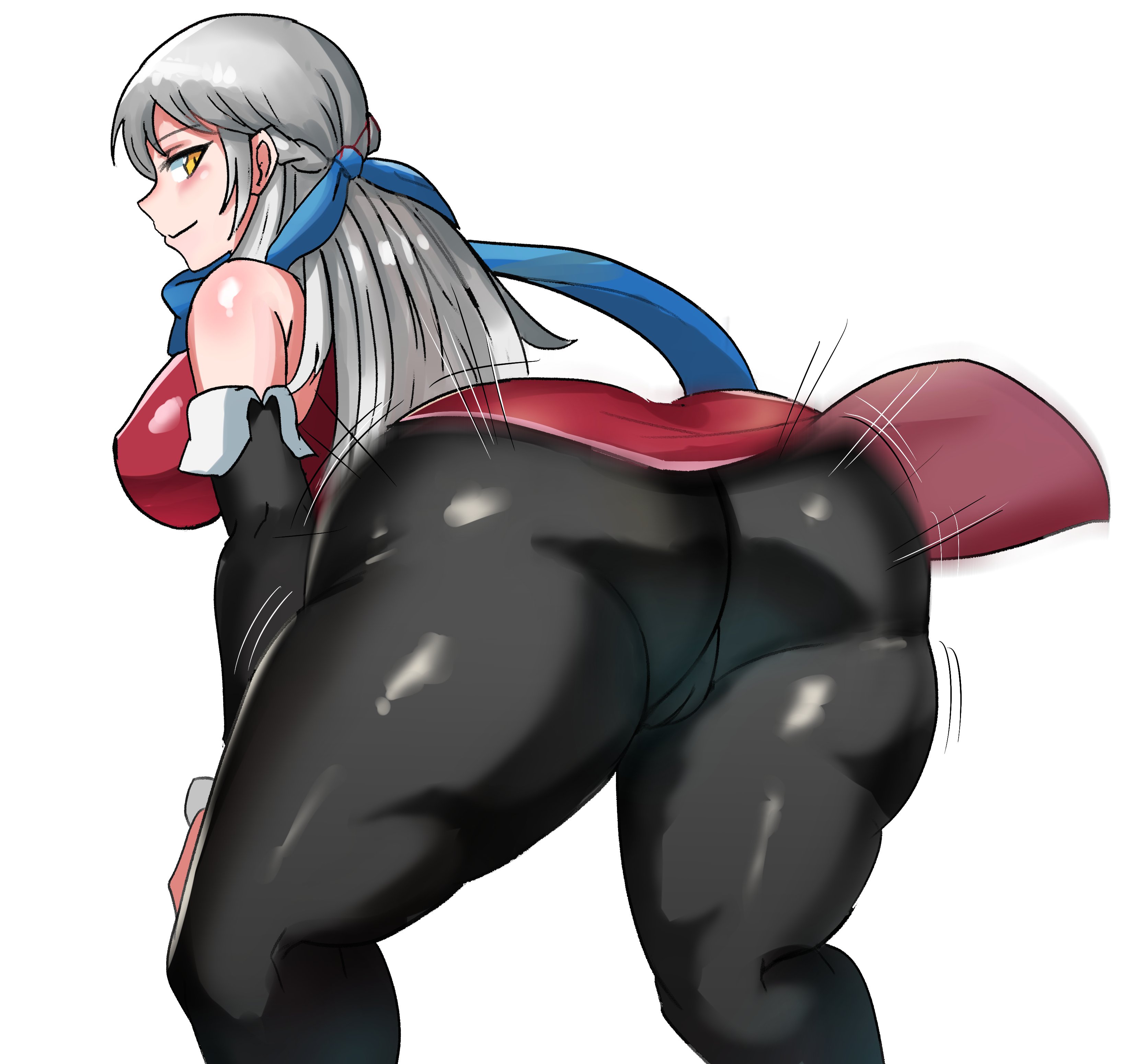 1girls, ass, ass focus, big ass, breasts, covered nipples, female, fire emblem, fire emblem: radiant dawn, grey hair, huge ass, large breasts, leaning forward, leggings, looking back, micaiah (fire emblem), nintendo, nipple bulge, pantyhose, partially visible vulva, pelvic curtain, presenting, presenting hindquarters, pussy, silver hair, smile, solo, tights, twerking, white background, yellow eyes, ytrall