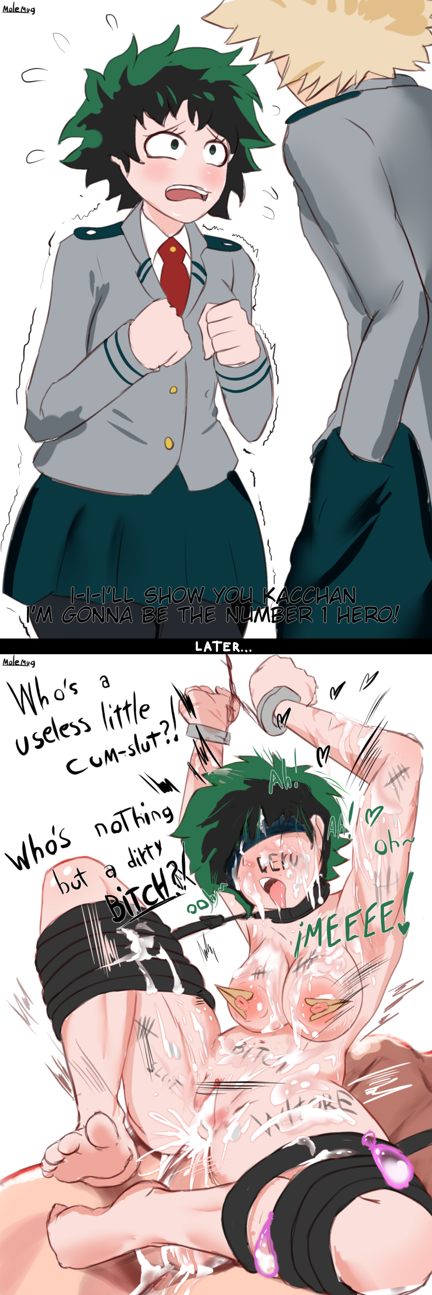 1girls, anal, anal sex, blindfold, blonde hair, bondage, comic, cum, cum in pussy, dirty talk, drooling, dubious consent, female, female deku, genderswap, genderswap (mtf), green eyes, green hair, instant loss 2koma, izuku midoriya, katsuki bakugou, molemug, mtf crossgender, my hero academia, pussy, rough sex, rule 63, spiky hair, sweat, tongue, tongue out, white background