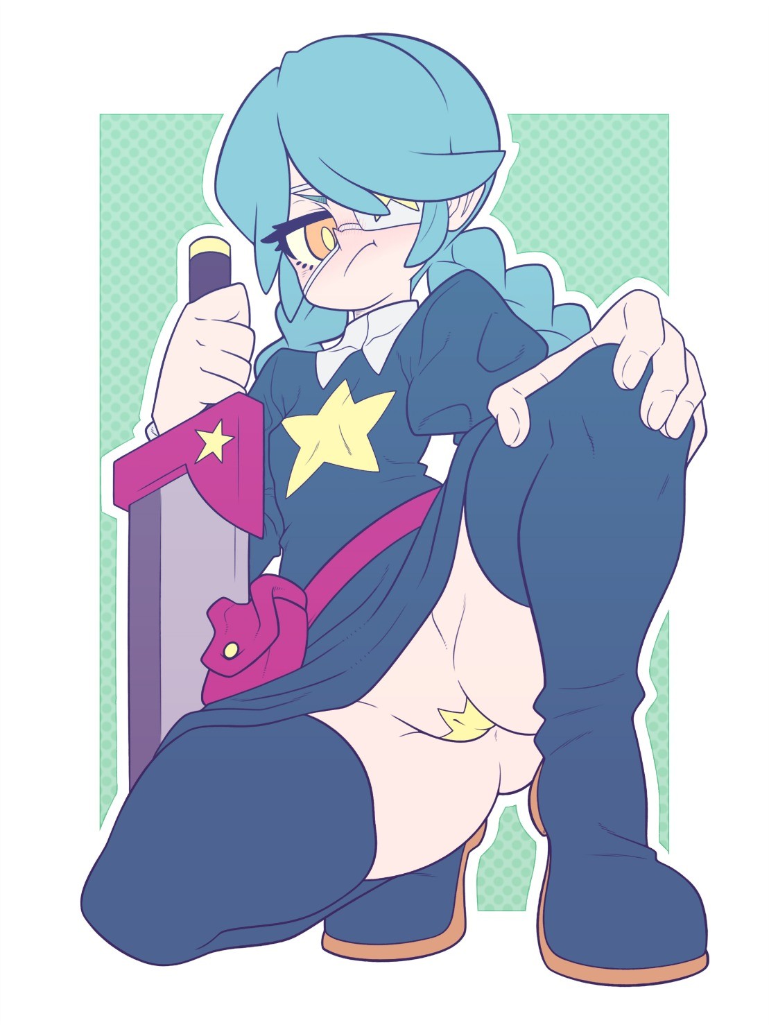1girls, annie (skullgirls), ass, blue hair, boots, dress, eye patch, female, huff, kaikoinu, pasties, skullgirls, star, sword, thick thighs, thigh highs, thighhighs, yellow eyes