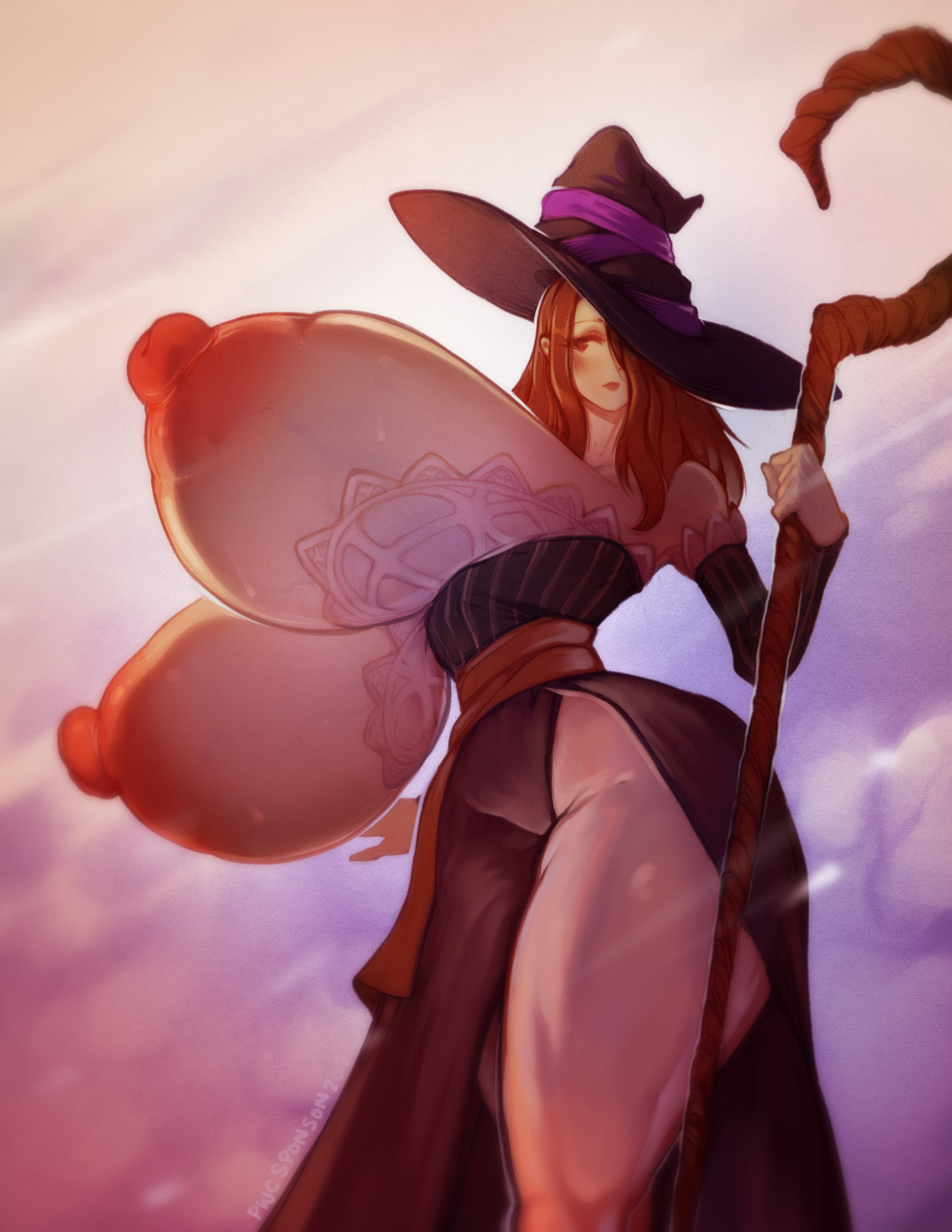 1girls, areolae, breasts, dragon's crown, female, female only, hyper breasts, nipples, pwcsponson, solo, sorceress (dragon's crown), thick thighs, wide hips