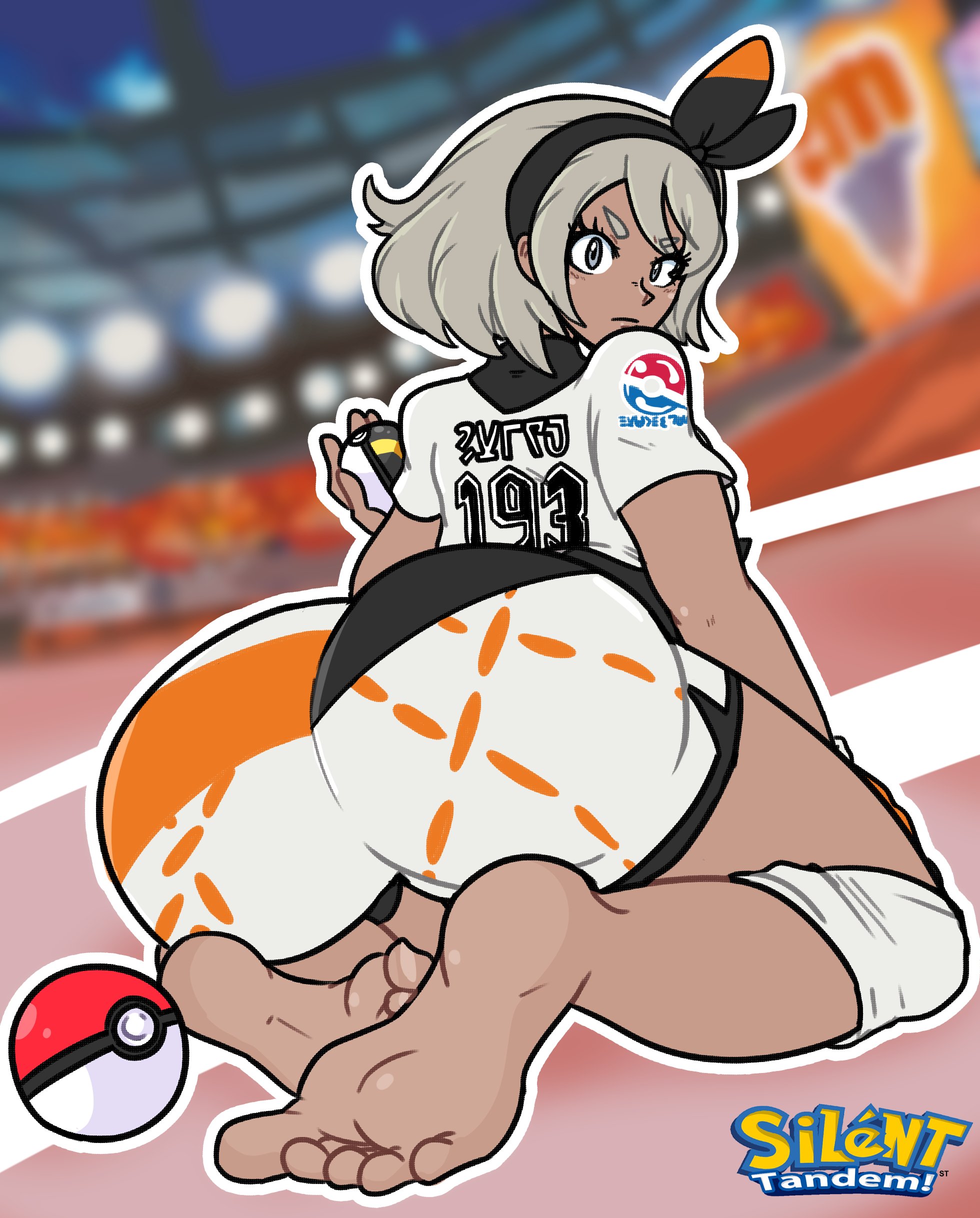 1girls, ass, ass focus, ass view, back view, barefoot, bea (pokemon), clothing, female, female only, foot fetish, pokeball, pokemon, pokemon (species), pokemon ss, silenttandem, sitting