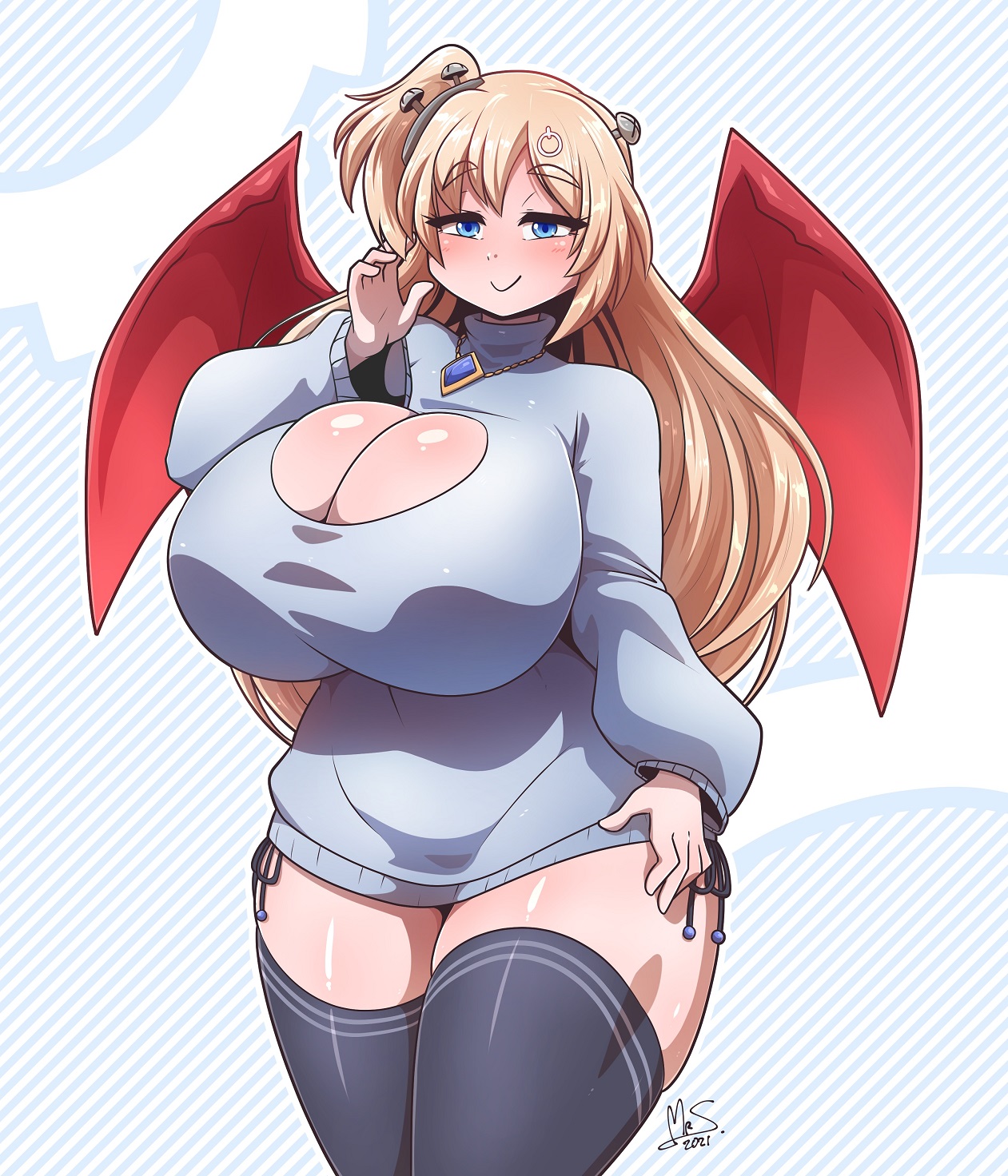 1girls, bangs, big breasts, bimbo, blonde hair, blue sweater, blush, boob window, breasts, cleavage, cleavage cutout, cute, demon, demon girl, demon tail, demon wings, eyebrows visible through hair, female, hime hajime, huge breasts, long hair, long sleeves, mrsakai, one side up, pendant, ryousakai, seductive, seductive eyes, seductive look, seductive smile, signature, smile, solo, solo female, succubus, sweater, thick, thick thighs, thighhighs, thighs, turtleneck, turtleneck sweater, virtual youtuber, voluptuous, vshojo, wings
