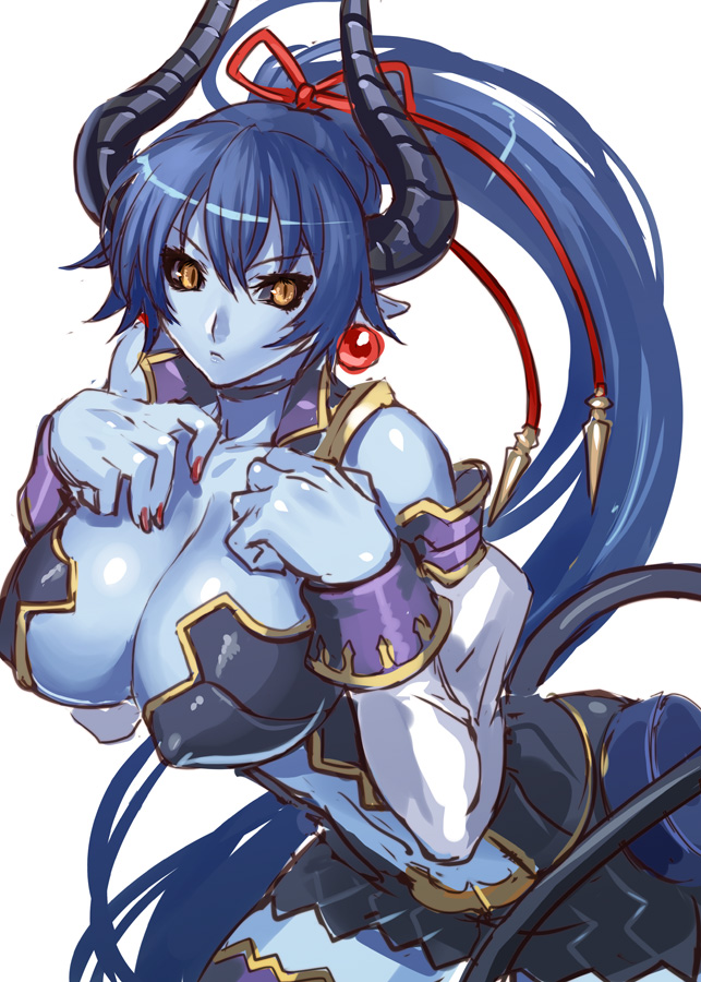 1girls asmodeus_(shinrabanshou) bare_shoulders bare_thighs belly_button black_sclera blue-skinned_female blue_body blue_eyes blue_skin breasts cleavage collar devil_horns devil_tail earrings female female_focus female_only fingernails hands_on_breasts horns large_breasts long_hair long_ponytail looking_at_viewer navel navel_line nipple_bulge nipples pointed_ears pointy_ears ponytail rannou shinrabanshou sleeves sole_female solo solo_female solo_focus succubus tail white_background yellow_eyes