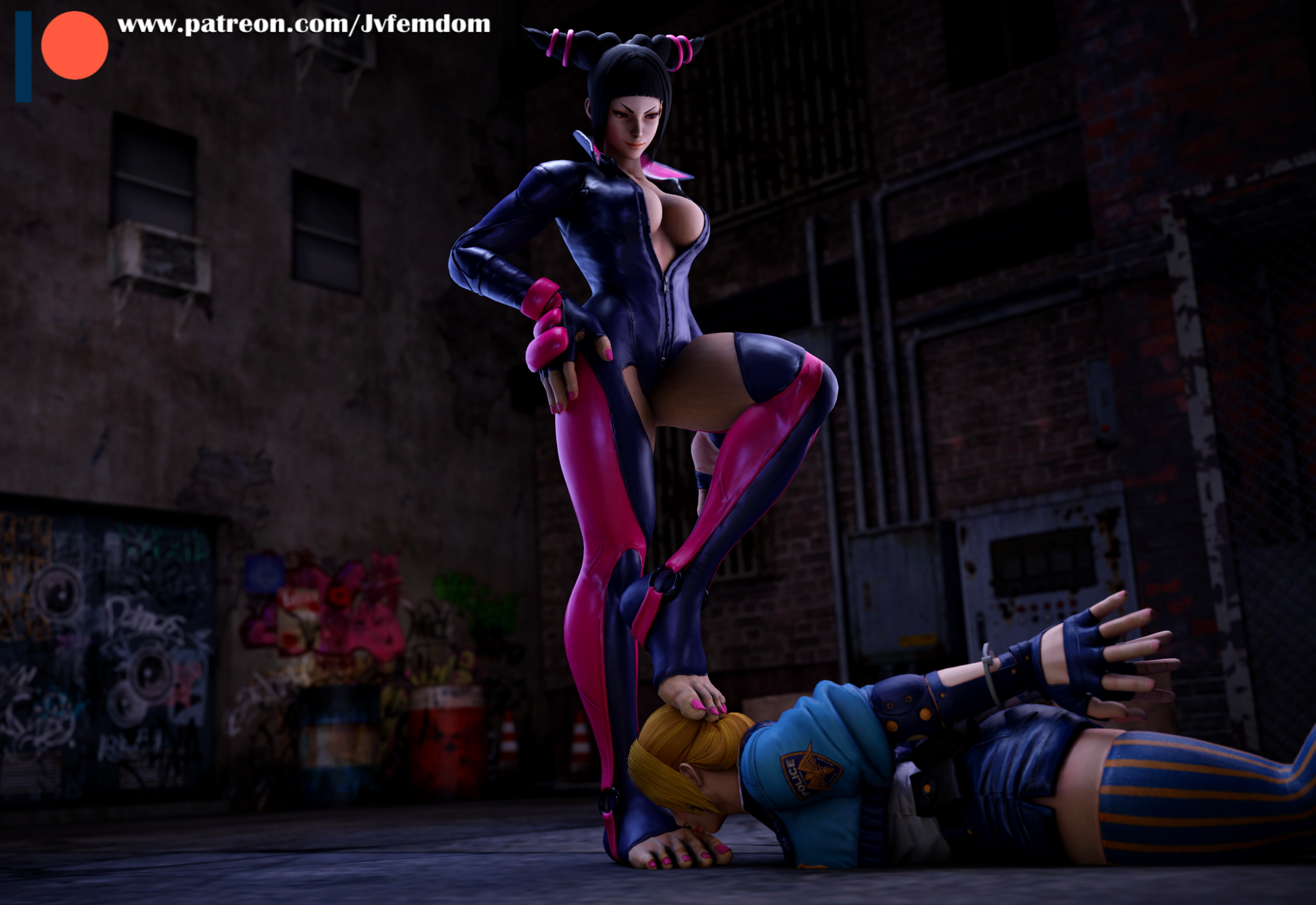 2girls, 3d, 3d (artwork), barefoot, black hair, blonde hair, bondage, capcom, catfight, catsuit, clothed, defeated, domination, dominatrix, feet, female, female domination, femdom, final fight, foot fetish, foot on face, foot on head, foot worship, hand on hip, handcuffed, handcuffs, hands behind back, helpless, humiliated, humiliation, juri han, jvfemdom, latex, latex suit, leather, leather clothing, leather jacket, looking down, lucia morgan, multiple females, multiple girls, police, police uniform, sadism, shorts, smirk, socks, stepped on, stepping on face, stepping on female, stepping on head, stomping, street fighter, struggling, thick thighs, thighhighs, trample, trampling, twintails, victory, victory pose, video games