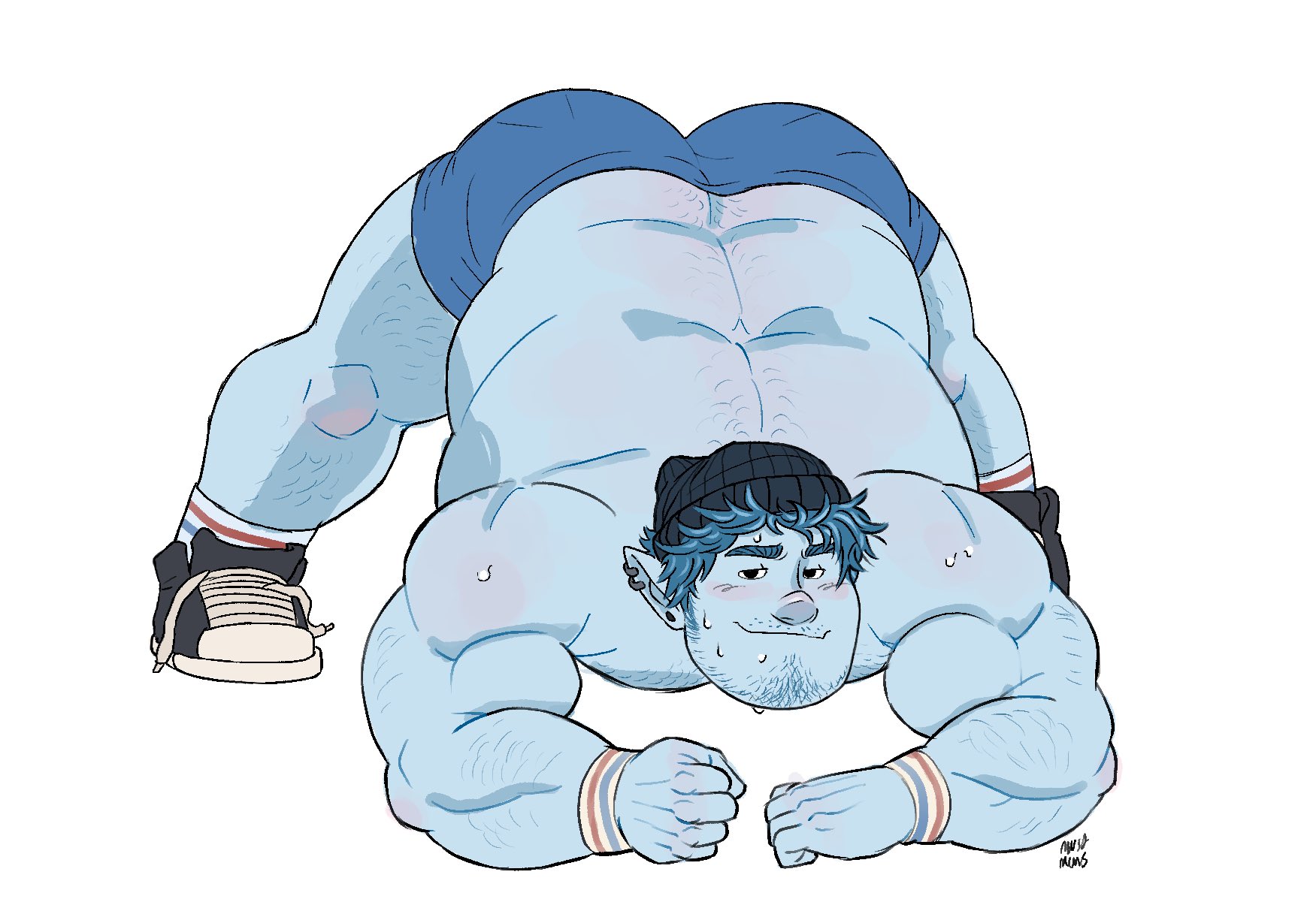 1boy, 2021, ass, barley lightfoot, bedroom eyes, blue hair, blue skin, butt crack, chest tuft, chubby, digital media (artwork), disney, ear piercing, elf, face down ass up, facial hair, fizzipopsoda, hair, hat, jack-o pose, jack-o' pose, jackochallenge, looking at viewer, male, male only, meme, onward (2020), pixar, shoes, shorts, sweat