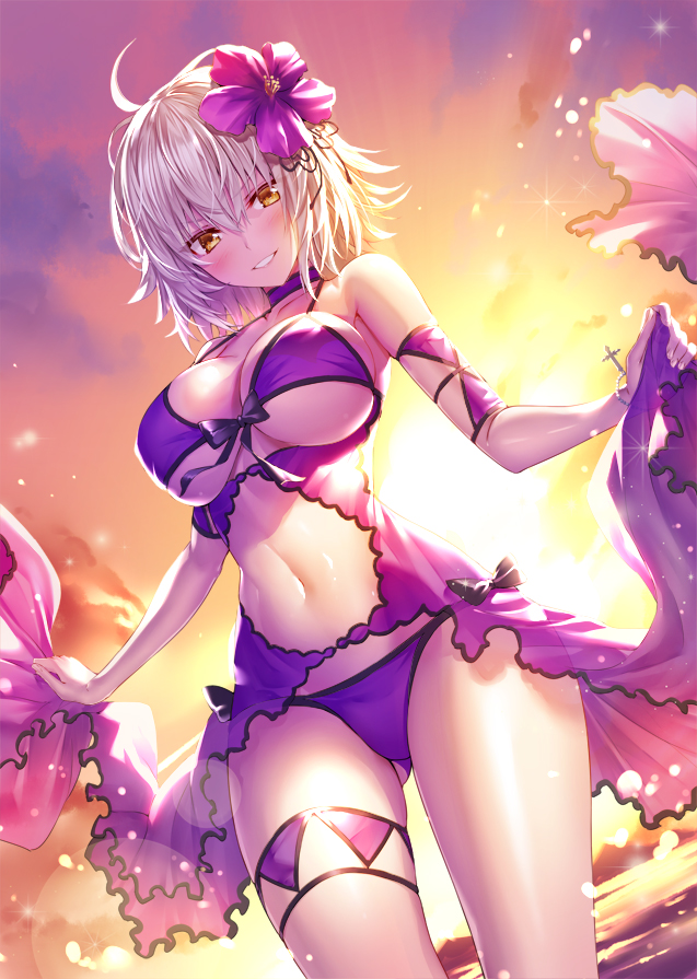 ahoge armband avenger bikini blush breasts choker clavicle cleavage clothing_cutout cover cover_page cowboy_shot dark_persona doujinshi doujinshi_cover fate/grand_order fate_(series) female flower front-tie_bikini front-tie_top garter grin hair_between_eyes hair_flower hair_ornament halterneck heirou hip_focus hips jeanne_alter jeanne_d'arc_(alter) jeanne_d'arc_(fate) large_breasts leg_garter looking_at_viewer navel navel_cutout outdoors purple_bikini short_hair silver_hair smile solo string_bikini sunset swimsuit tagme thigh_strap thighs v-shaped_eyebrows waist water white_hair yellow_eyes