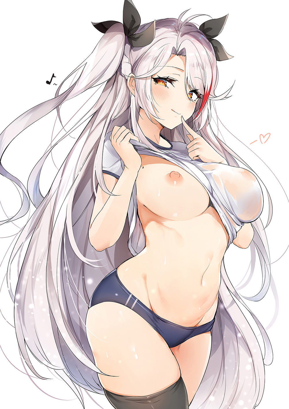 1girls ahoge azur_lane bangs black_legwear blue_buruma blush breasts breasts_out_of_clothes buruma closed_mouth cowboy_shot eighth_note eyebrows_visible_through_hair female female_only female_solo finger_to_mouth groin gym_uniform hair_ornament hair_ribbon hands_up heart high_resolution large_breasts long_hair looking_at_viewer luse_maonang mole mole_on_breast multicolored_hair musical_note navel nipples no_bra orange_eyes pinup prinz_eugen_(azur_lane) red_hair red_potato_rinrin ribbon see-through shirt shirt_lift short_sleeves simple_background smile solo solo_female sportswear standing stomach streaked_hair tagme teasing thighhighs thighs transparent_clothes two_side_up uniform very_long_hair wet wet_clothes white_background white_hair white_shirt