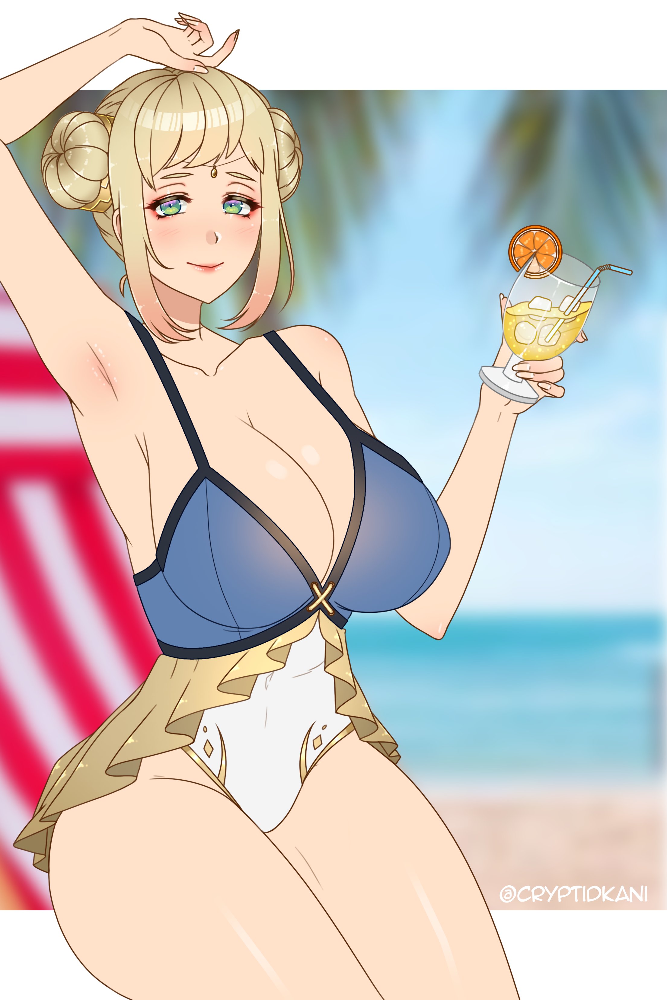 1girls, absurdres, alternate costume, arm up, armpits, bare thighs, beach, blonde hair, blue swimsuit, blush, braid, braided bun, breasts, cleavage, closed mouth, collarbone, commentary, cosplay, cryptid crab, cup, double bun, drink, drinking glass, english commentary, female, fingernails, fire emblem, fire emblem heroes, forehead jewel, gradient hair, green eyes, hair bun, henriette (fire emblem), highres, holding, holding cup, holding drink, huge breasts, jewelry, lips, looking at viewer, mature female, milf, multicolored hair, nintendo, ocean, official alternate costume, one-piece swimsuit, outdoors, pink hair, pink lips, sand, seaside, short hair, sidelocks, smile, solo, swimsuit, tana (fire emblem) (cosplay), thick thighs, twitter username