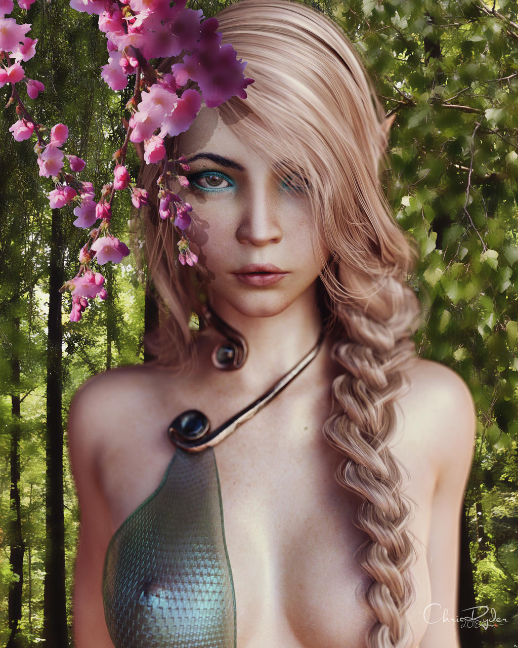 1girls 3d blonde_hair braid braided_hair breasts chris_ryder elf elf_ears environmental_censorship eyeshadow female female_only medium_breasts nipple_bulge nipples_visible_through_clothing nude one_breast_out original_character pointy_ears talille translucent_clothing