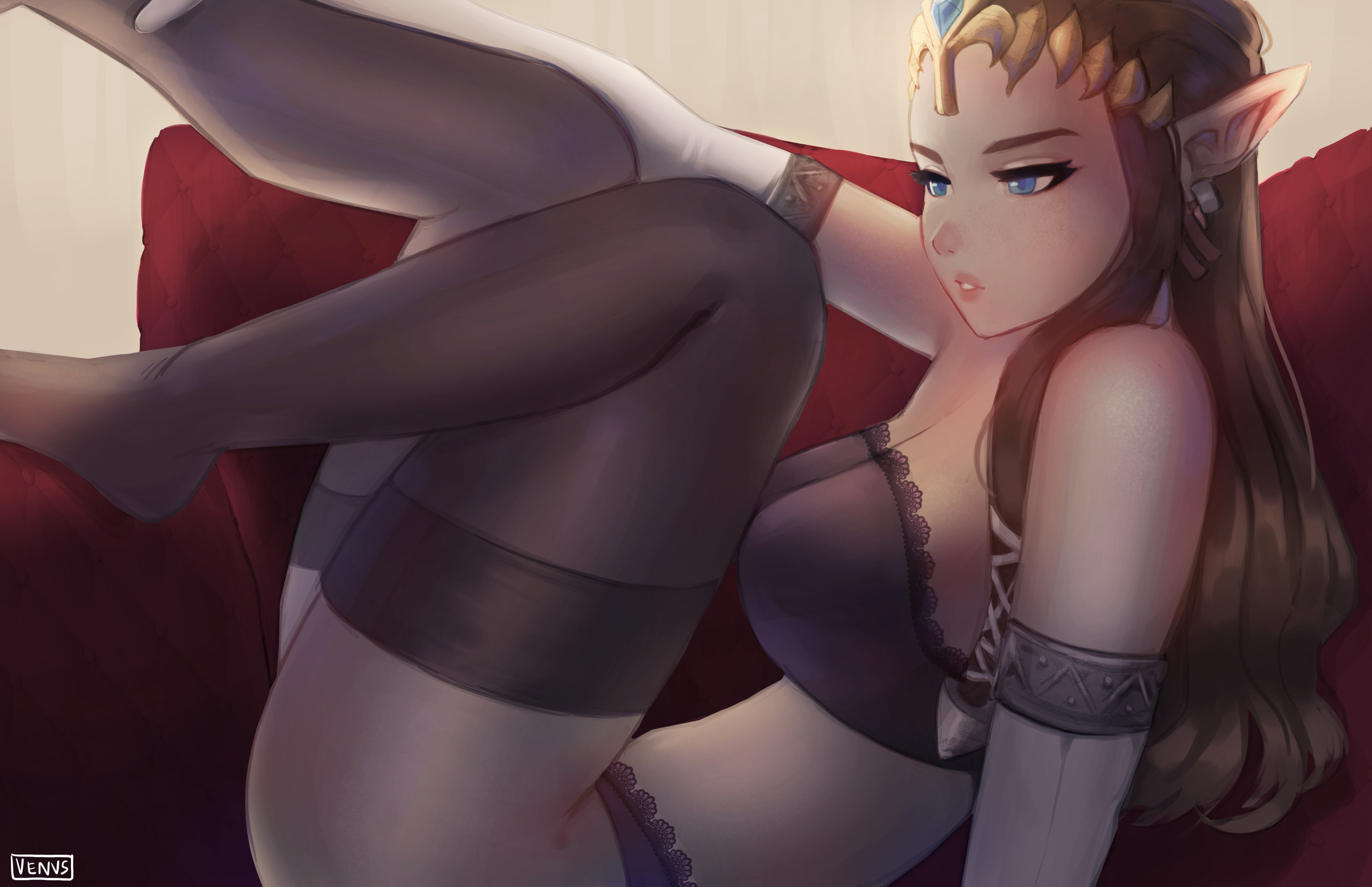1girls, brown hair, female, female only, lingerie, long hair, nintendo, pointy ears, princess zelda, redvenus, solo, stockings, the legend of zelda, thighhighs, twilight princess, underwear, zelda (twilight princess)