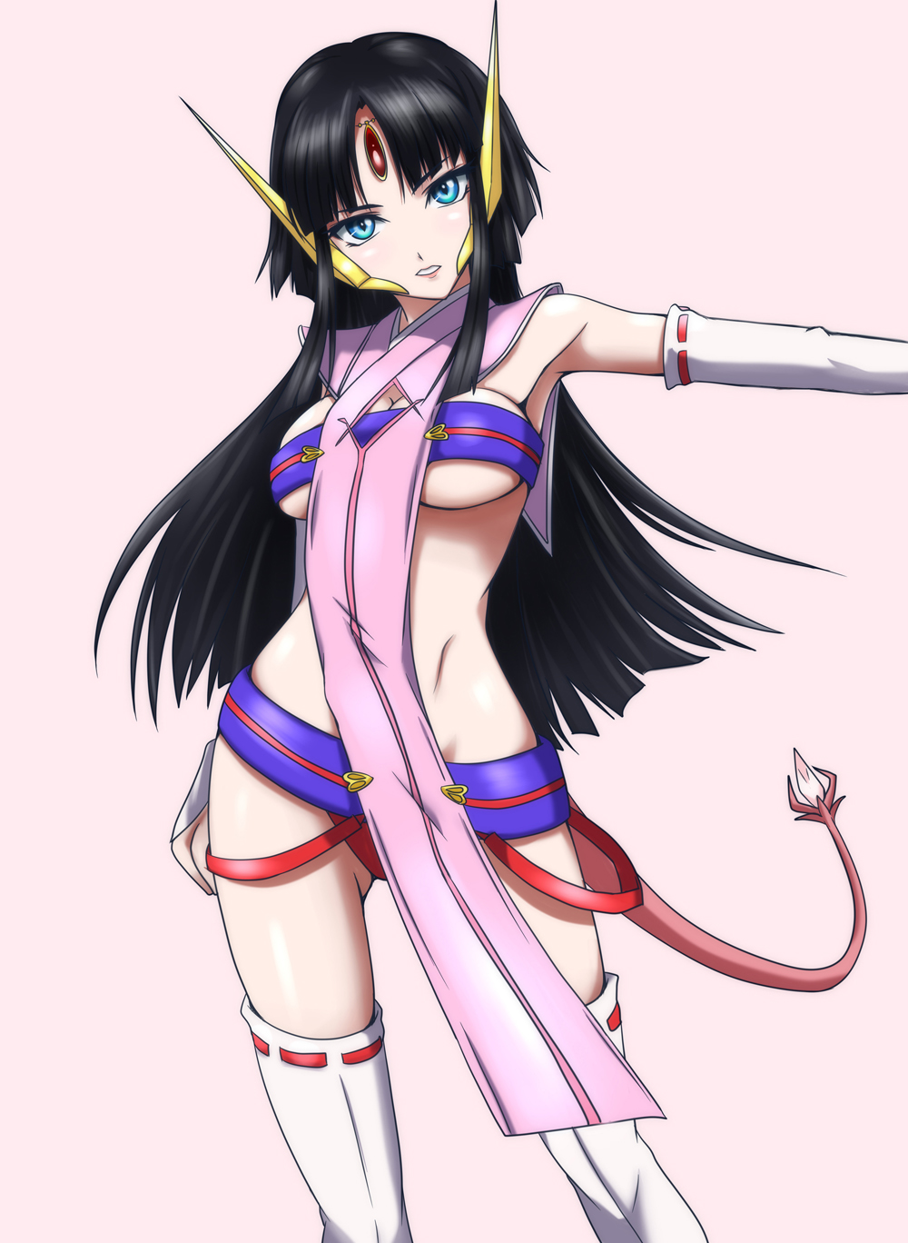 bare_shoulders black_hair blue_eyes breasts cross_ange cross_ange:_tenshi_to_ryuu_no_rondo female forehead_jewel headgear high_resolution hime_cut legwear long_hair looking_at_viewer medium_breasts robot_ears ryuusama sala_(cross_ange) salamandinay salamandinay_(cross_ange) sideboob simple_background solo tagme tail thighhighs underboob white_legwear