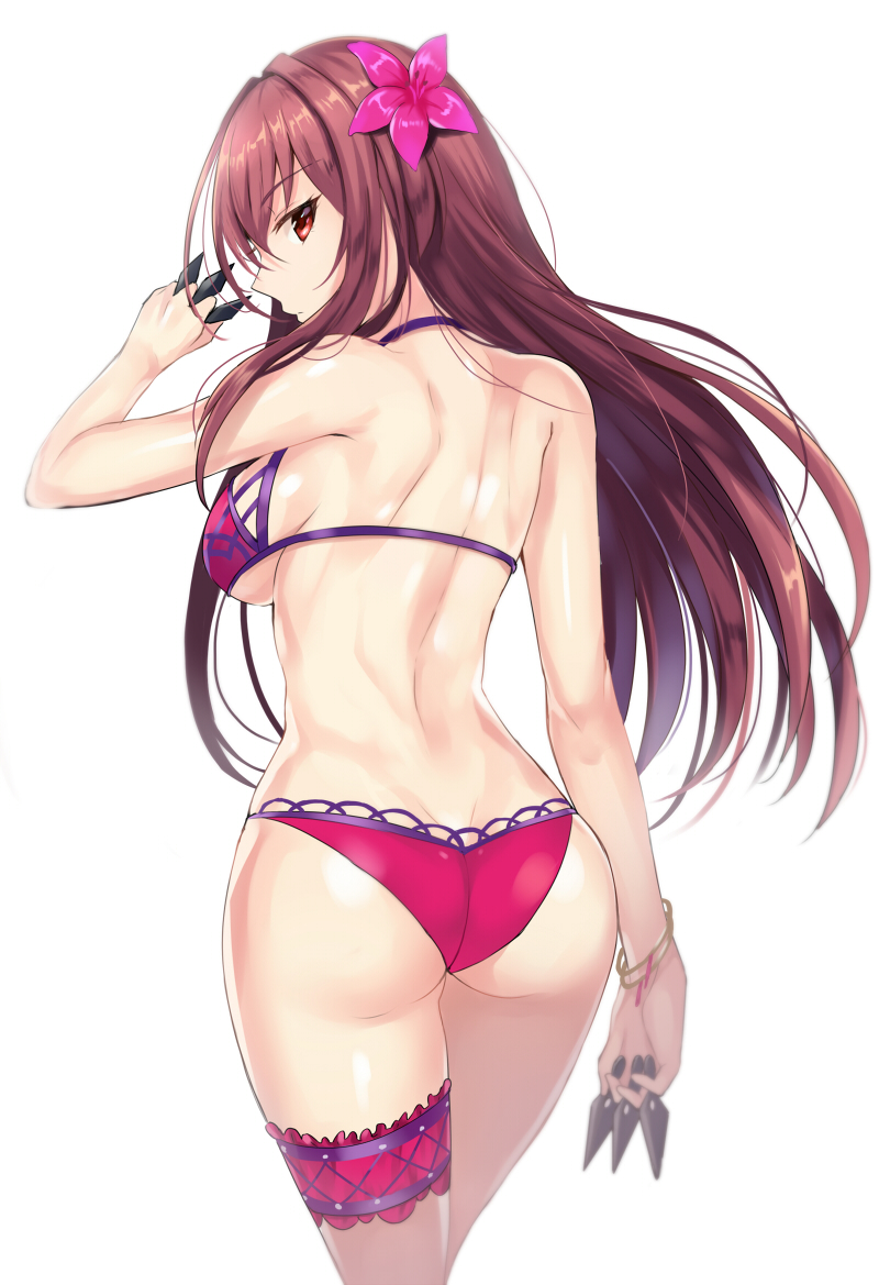 1girls ass ass_cleavage assassin backboob bangle between_fingers bikini bracelet breasts butt_crack dagger fate/grand_order fate_(series) female female_ass flower from_behind garter hair_flower hair_intakes hair_ornament harimoji hibiscus in_profile jewelry kunai lancer_(fate/grand_order) large_breasts leg_garter light_background long_hair looking_at_viewer looking_back midriff posterior_cleavage purple_bikini purple_hair red_eyes scathach_(fate) scathach_(swimsuit_assassin) simple_background solo swimsuit thigh_strap weapon white_background