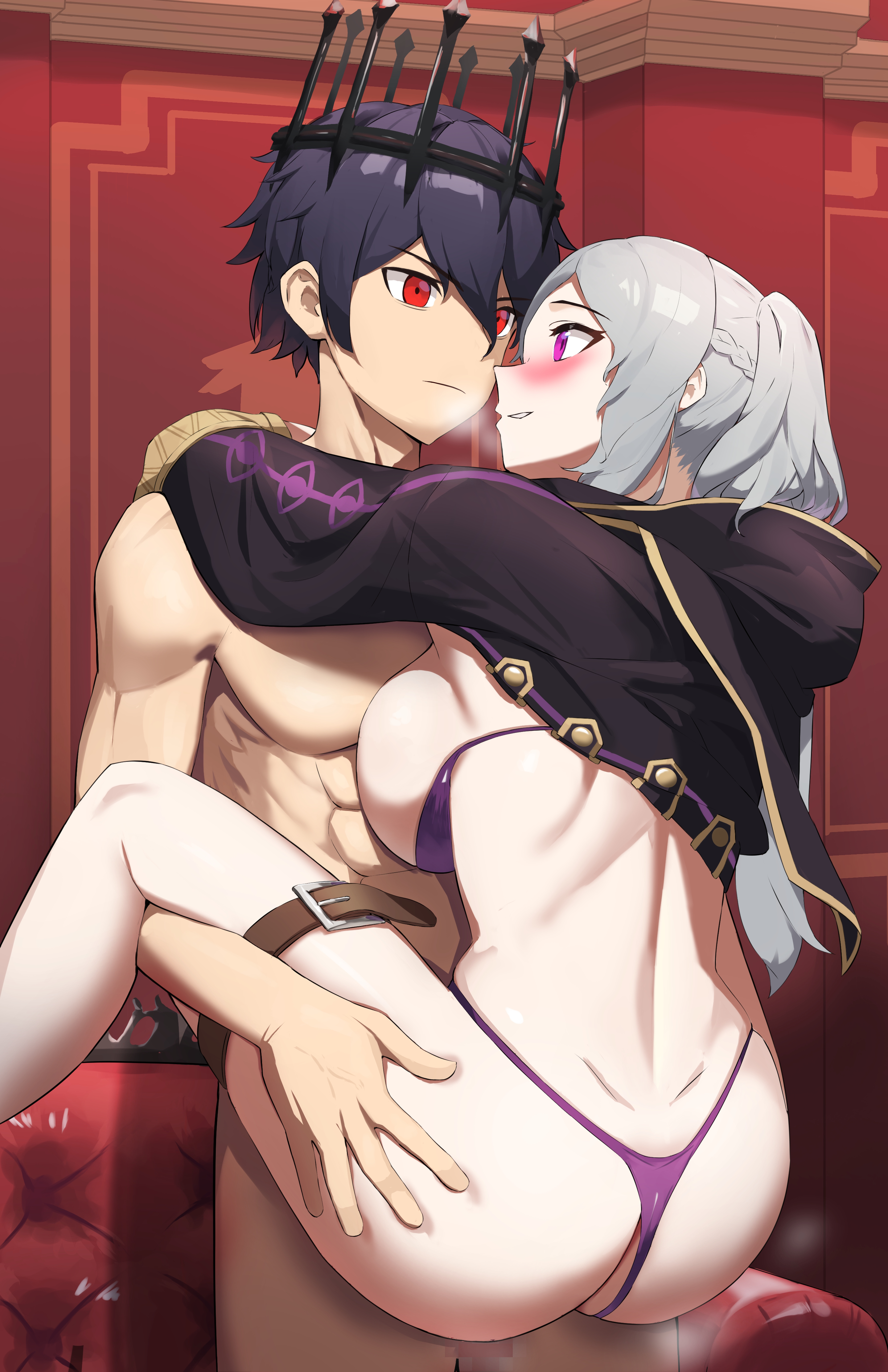 1boy, 1girls, absurdres, alternate costume, ass, back, bangs, bare legs, bare shoulders, belt, bikini, bikini aside, bikini pull, black hair, blush, braid, breast press, breasts, breasts against chest, breasts out, buckle, censored, chrom (fire emblem), clothed female nude male, clothes pull, clothing aside, coat, commentary request, completely nude, corruption, crown, dark persona, dimples of venus, empty eyes, female, fire emblem, fire emblem awakening, fire emblem cipher, frown, grey hair, grima (fire emblem), grin, hair between eyes, heavy breathing, highres, hood, hood down, hug, indoors, large ass, large breasts, lifting person, long hair, long sleeves, looking at another, male, mazenda (3378), mosaic censoring, nintendo, nude, nude male, ponytail, purple bikini, purple eyes, purple swimsuit, red eyes, robin (fire emblem), robin (fire emblem) (female), royalty, sex, sideboob, sidelocks, smile, standing, steaming body, swimsuit, thigh strap