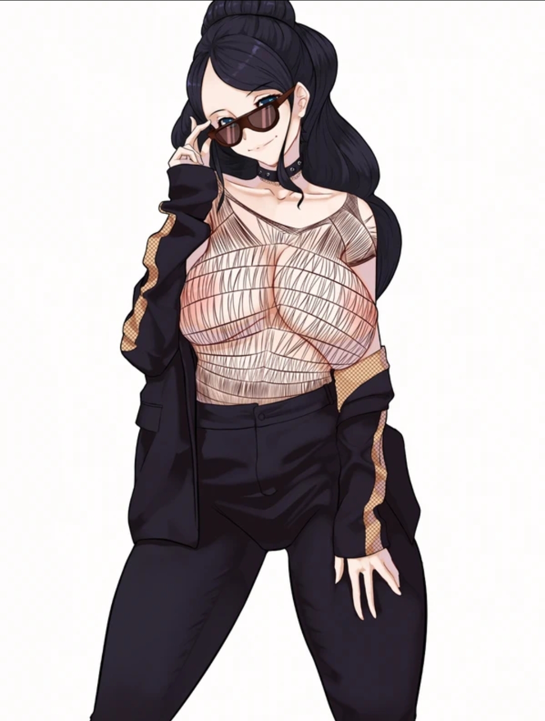 1girls, 47 hard, adjusting eyewear, adjusting glasses, adjusting sunglasses, black hair, black jacket, black legwear, black-haired female, blue eyes, breasts, brown-tinted eyewear, choker, collarbone, dark hair, female, female focus, female only, fishnet, fishnets, glass, jacket, jeans, large breasts, legwear, long hair, looking over eyewear, looking over glasses, looking over sunglasses, nico robin, one piece, pants, pose, post-timeskip, simple background, smile, sole female, solo, solo female, sunglasses, thighs, tied hair, tinted eyewear, white background
