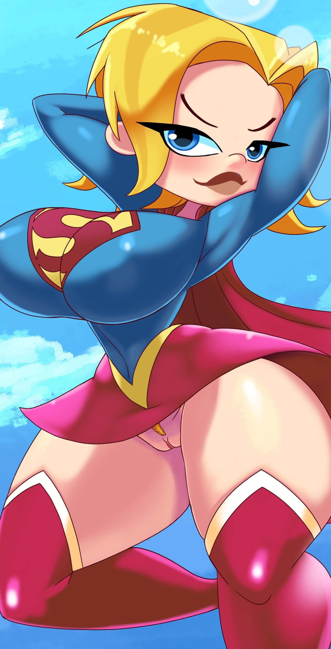 1girls, big breasts, blonde hair, blue eyes, breasts, dc, dc comics, dc super hero girls, female, female only, huge breasts, ichduhernz, kara danvers, kara zor-el, looking at viewer, no panties, pubic hair, pussy, short hair, skirt, solo, supergirl, superman (series), thick thighs