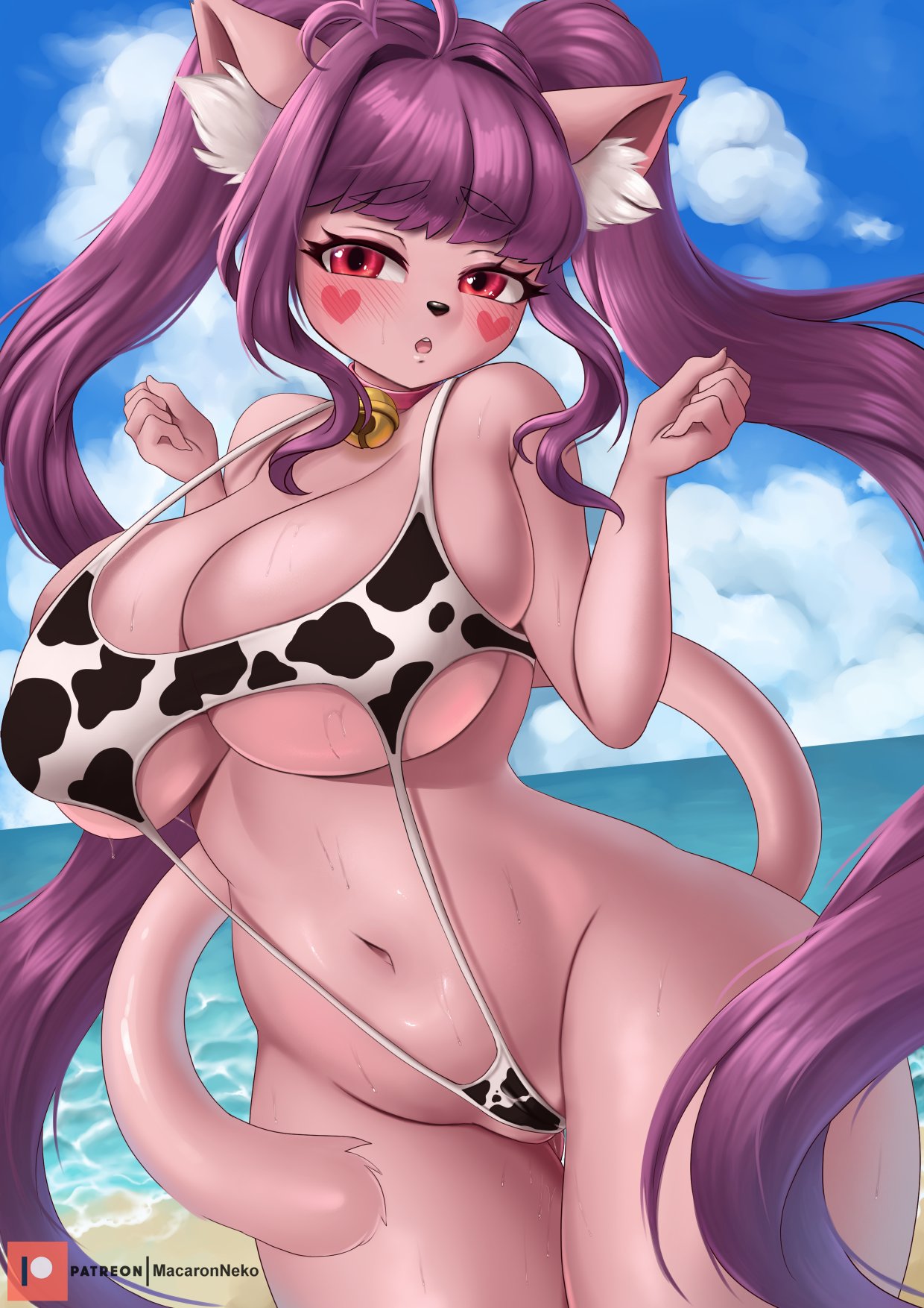 anthro beach big_breasts bikini bodily_fluids breasts clothing domestic_cat felid feline felis female hair hi_res macaronneko mammal purple_hair seaside sling_bikini solo sweat swimwear