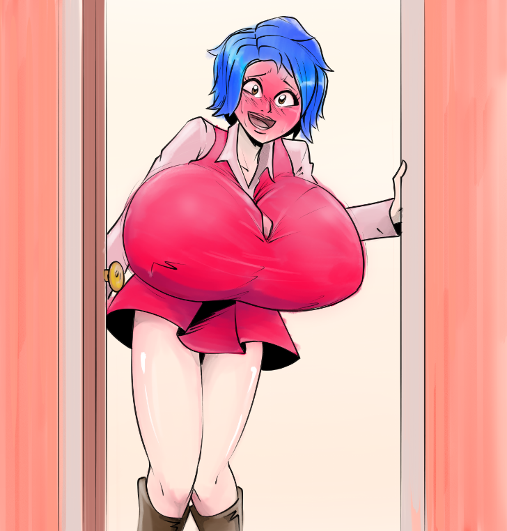 blue hair, blush, blushing, blushing at viewer, breasts, emily (stardew valley), female, huge breasts, hyper breasts, overgrowingassets, short dress, stardew valley