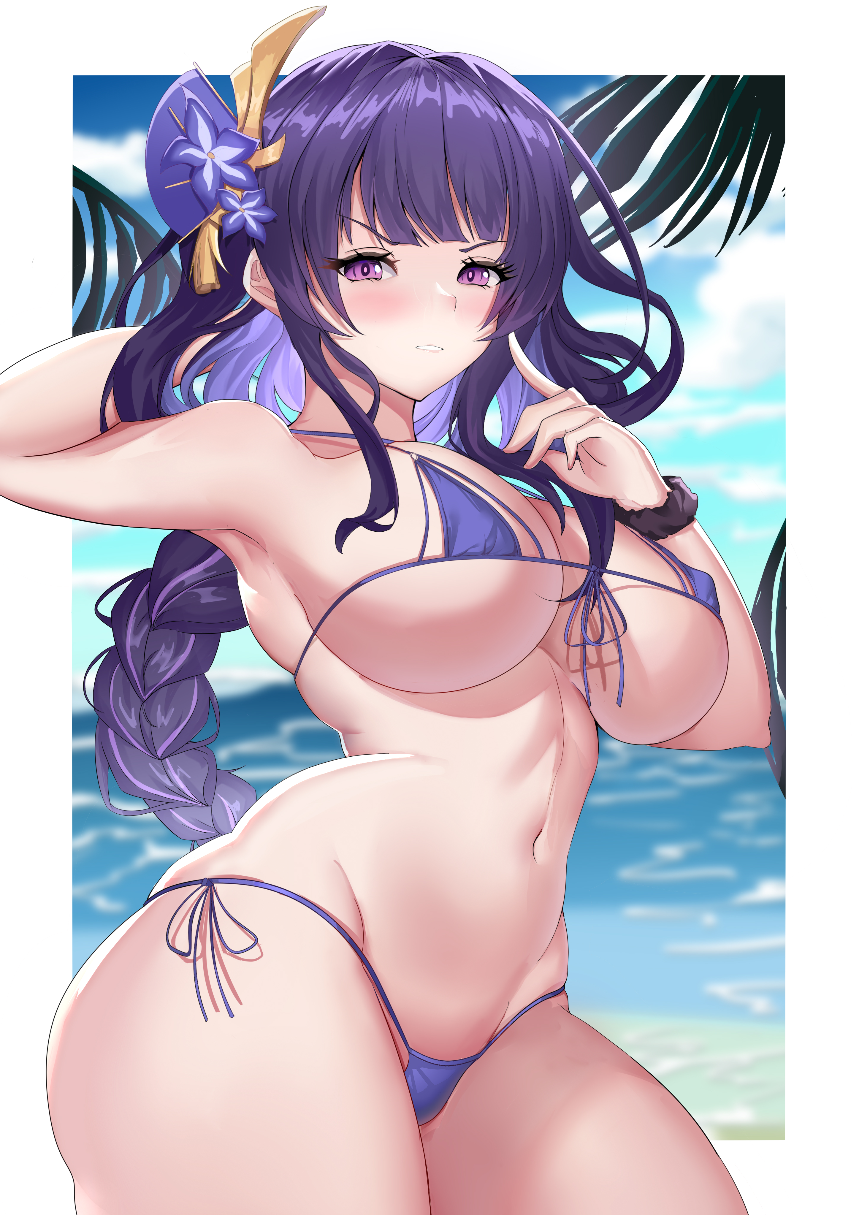 1girls, beach, bikini, blush, braid, breasts, busty, cleavage, curvaceous, curvy, female, genshin impact, hi res, light skin, light-skinned female, looking at viewer, micro bikini, mz (yeye ai chipao mian), purple bikini, purple eyes, purple hair, raiden shogun, solo, solo female, swimsuit, thick thighs, underboob, voluptuous, wide hips