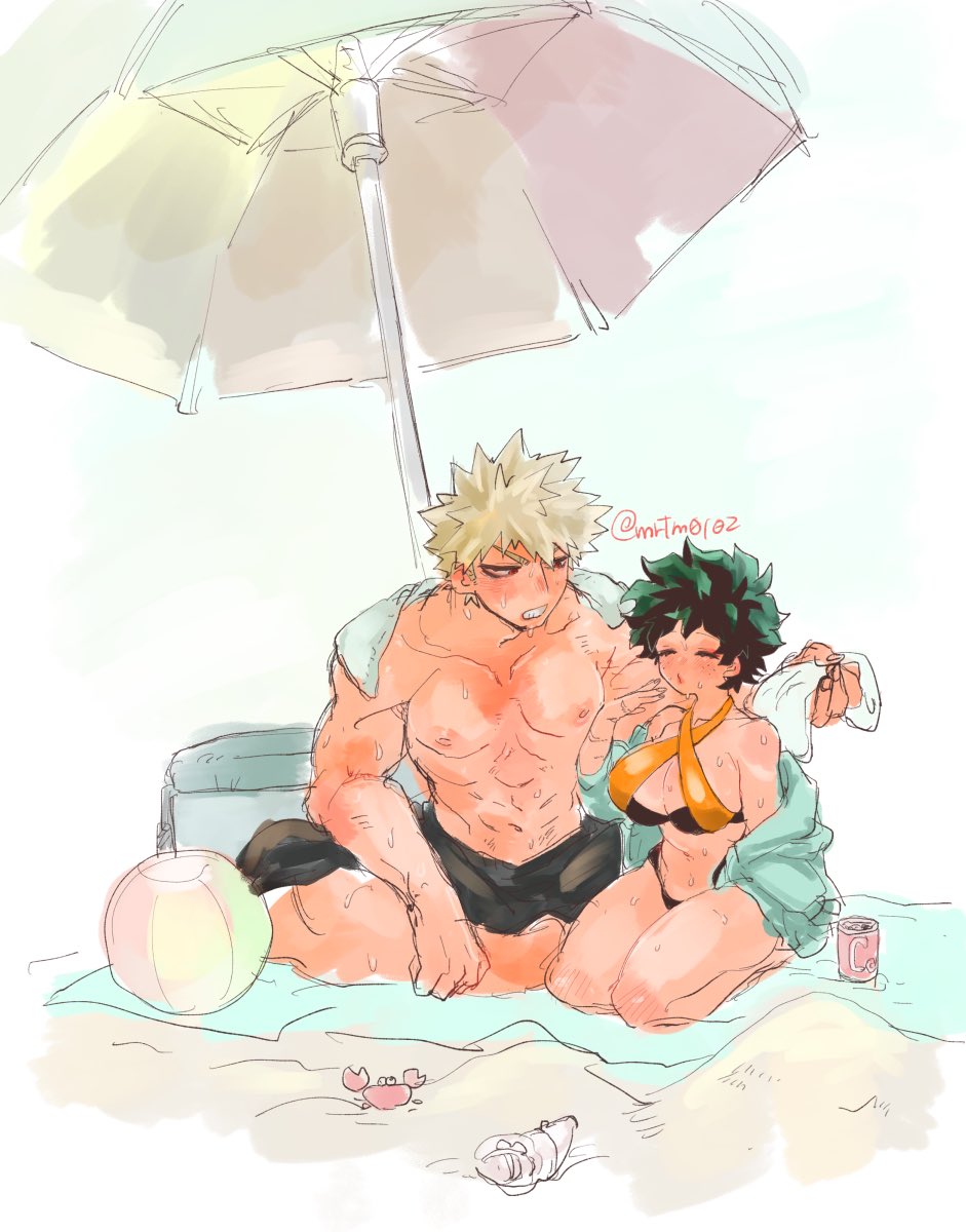 1boy, 1girls, beach, big breasts, bikini, breasts, cleavage, female, female deku, genderswap, genderswap (mtf), green hair, heat, izuku midoriya, katsuki bakugou, male, male/female, mrtm0102, muscular, my hero academia, rule 63, short hair, spiky hair, straight, summer, sweat